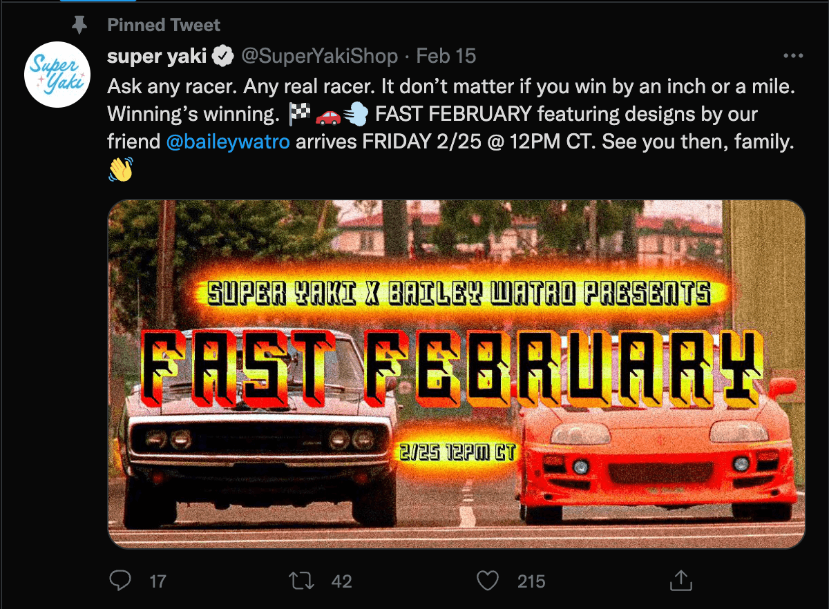 A pinned tweet from Super Yaki promoting their Fast and Furious themed designs. 