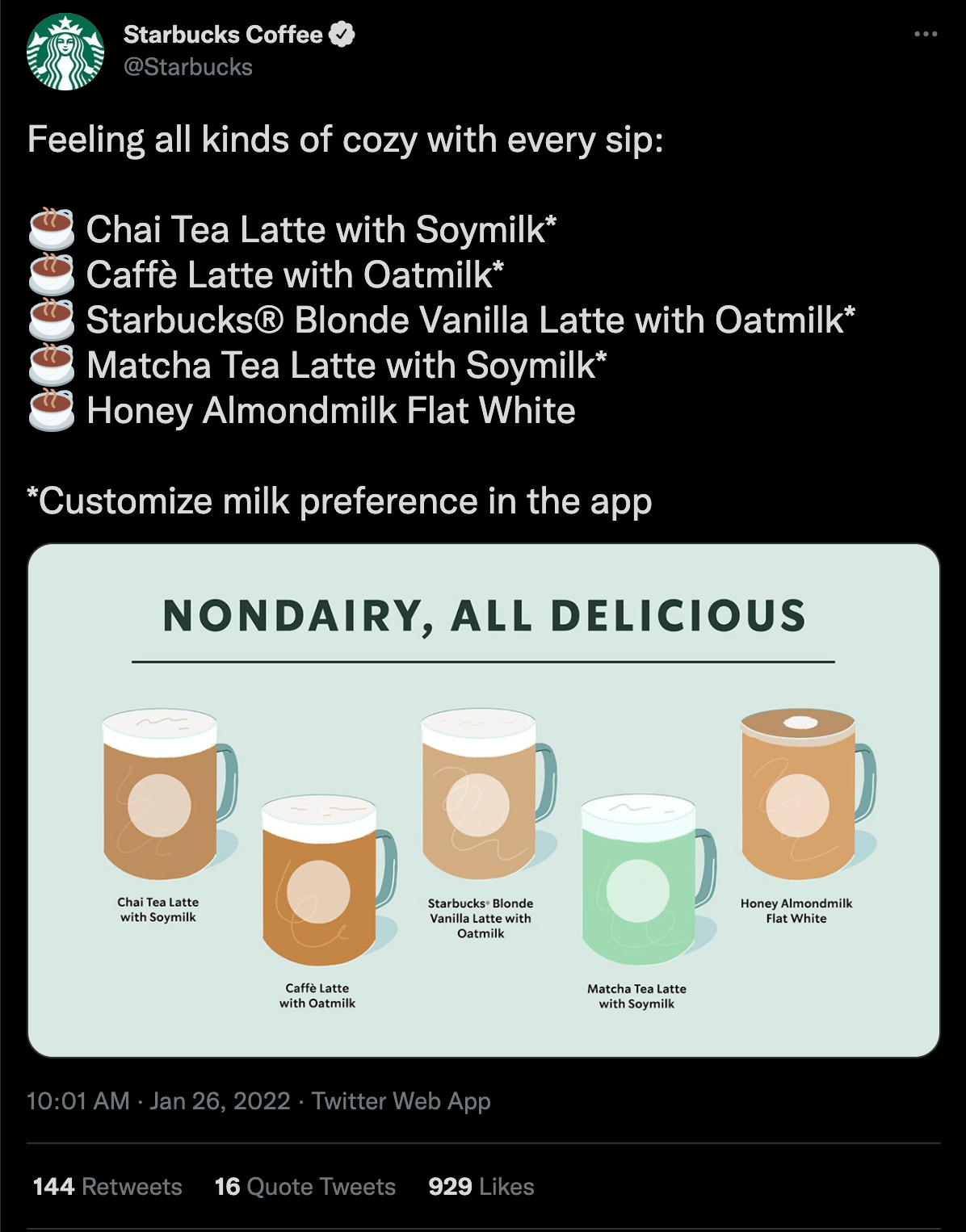 A tweet from Starbucks with an illustration of various drinks labeled with which non-dairy milk substitute they used