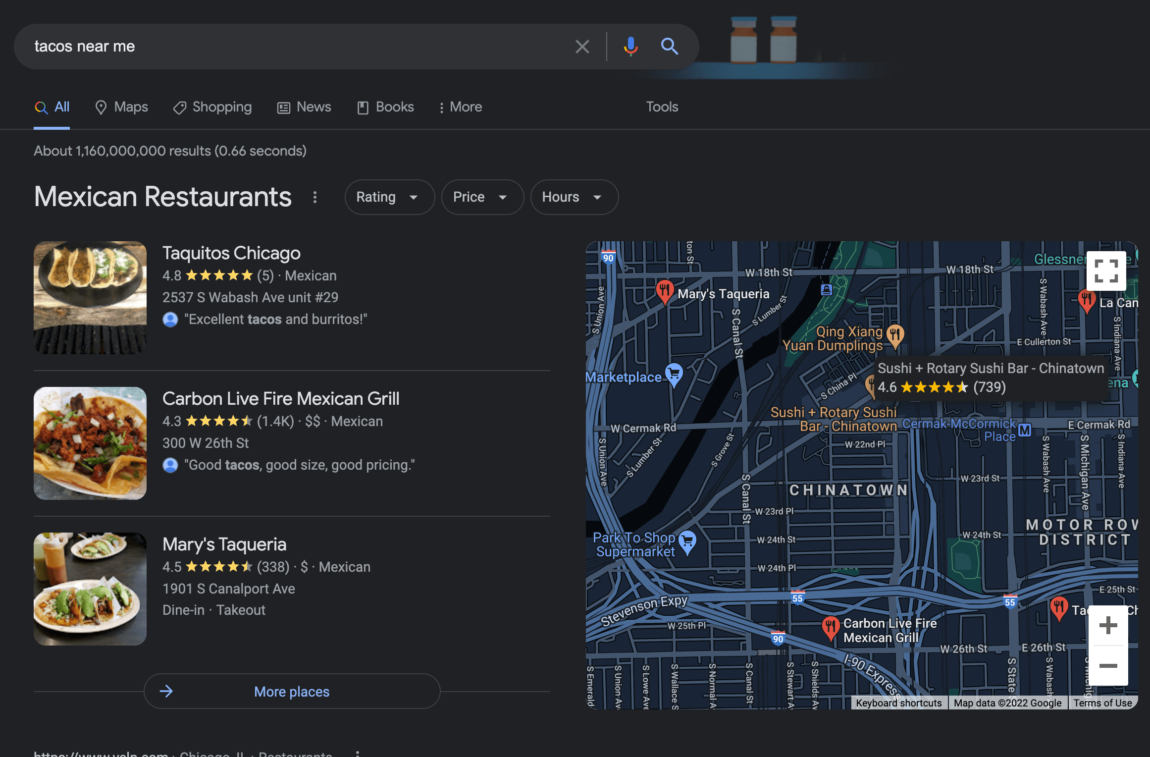 A Google search for "tacos near me" in Chicago
