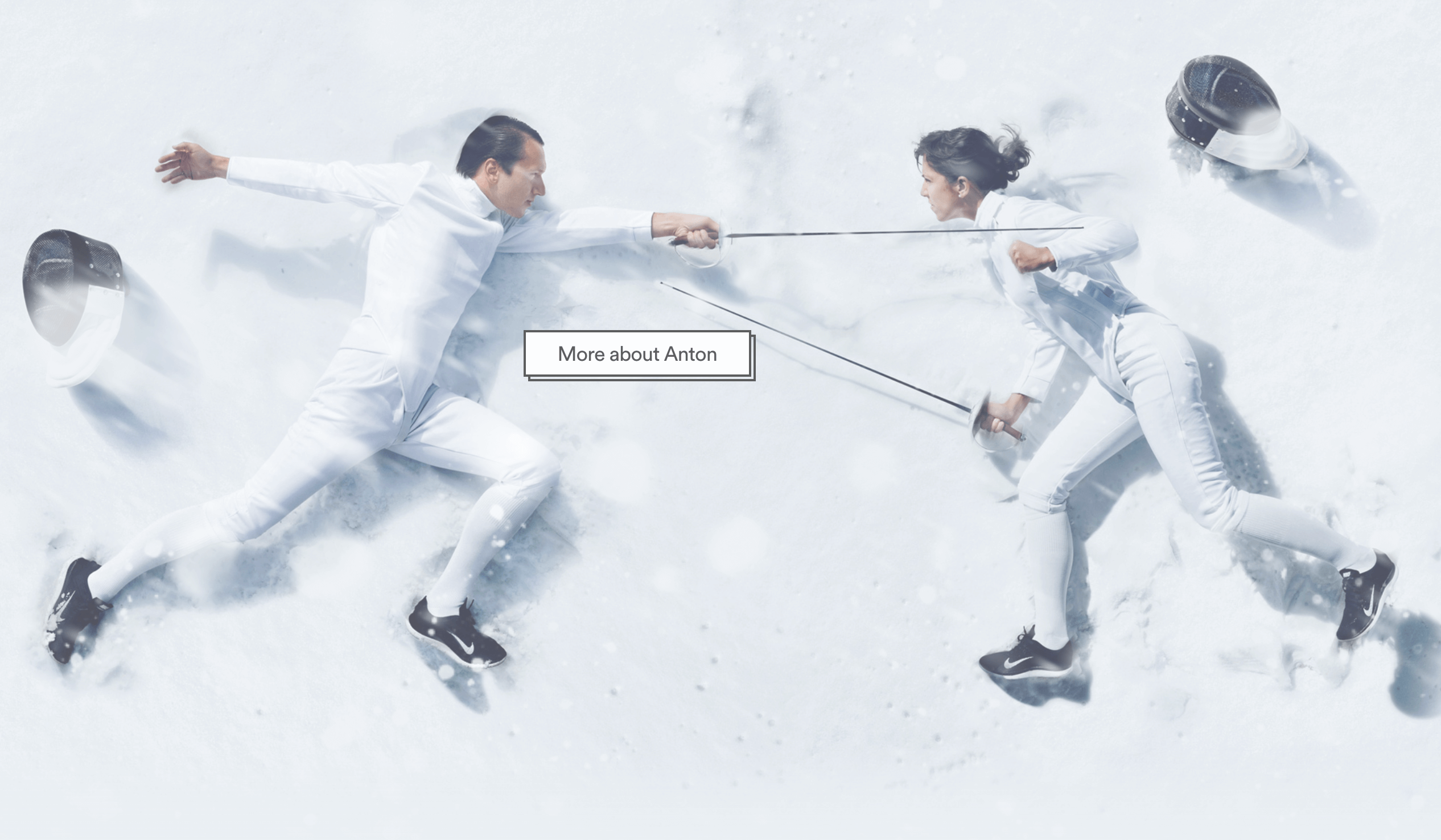 The about page for antonandirene.com, featuring Anton and Irene in fencing uniforms in the snow. 