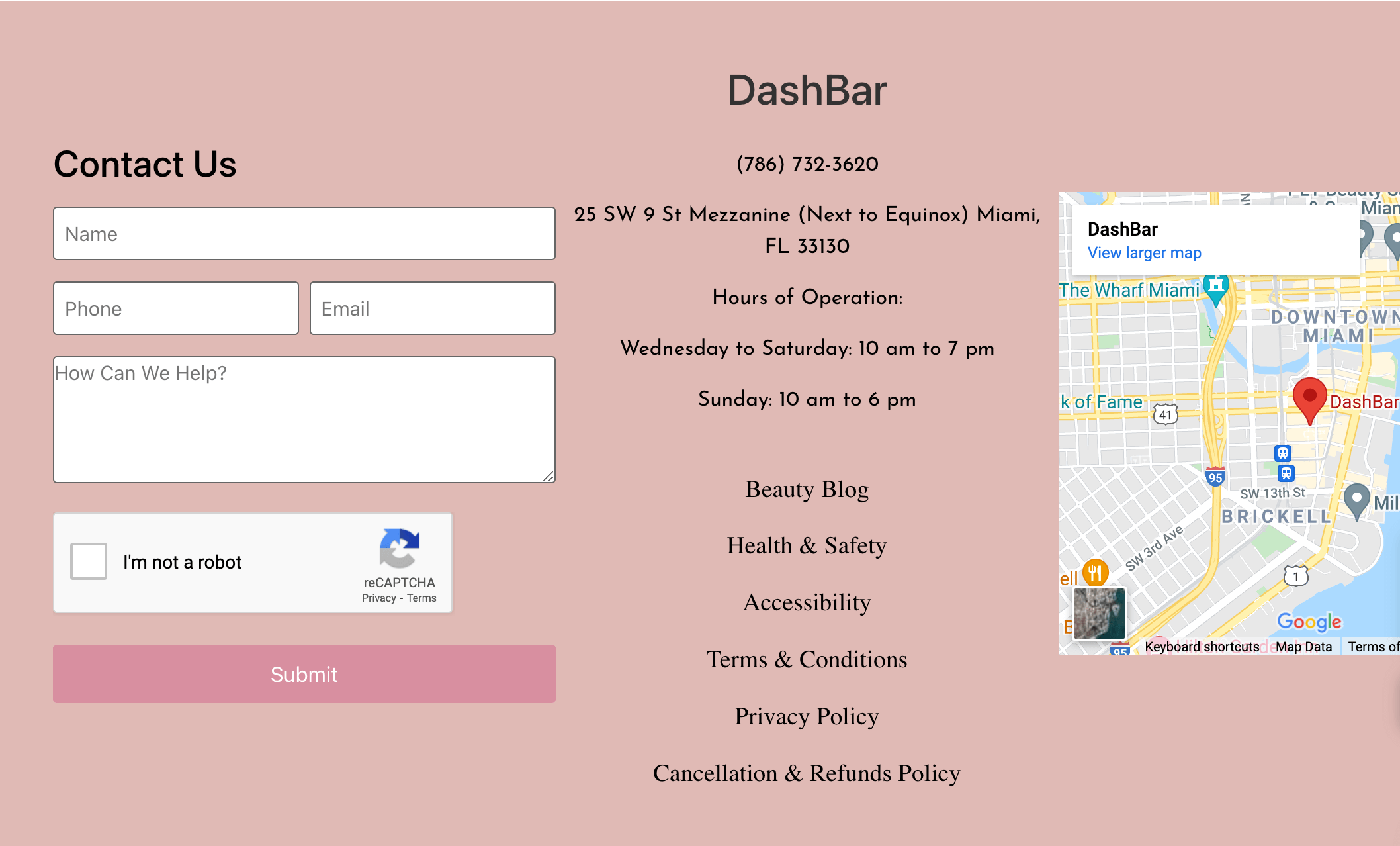 Dash Bar Miami's contact page