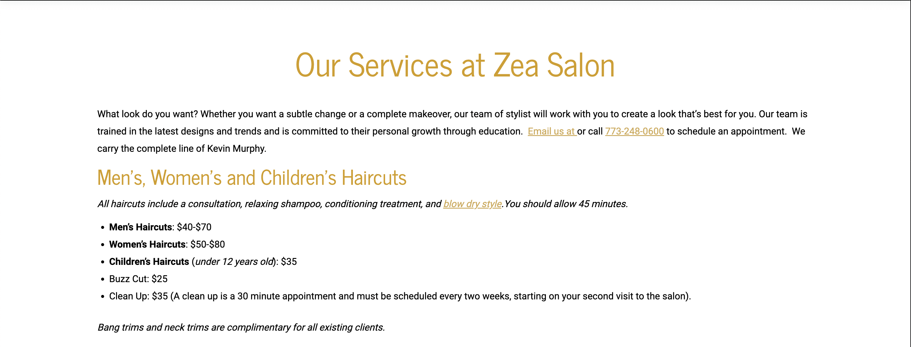 Zea Salon's services page