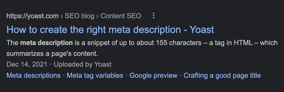 A Google search result for "meta description"