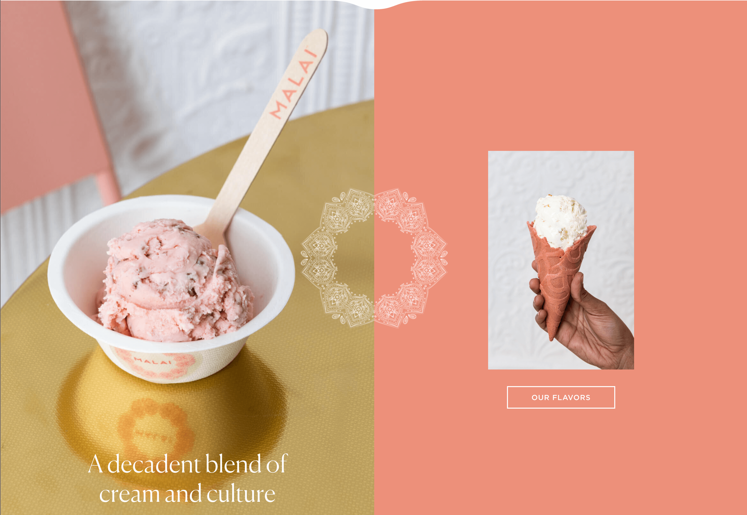 Malai's homepage featuring photos of their ice cream and text that reads "a decadent blend of cream and culture"