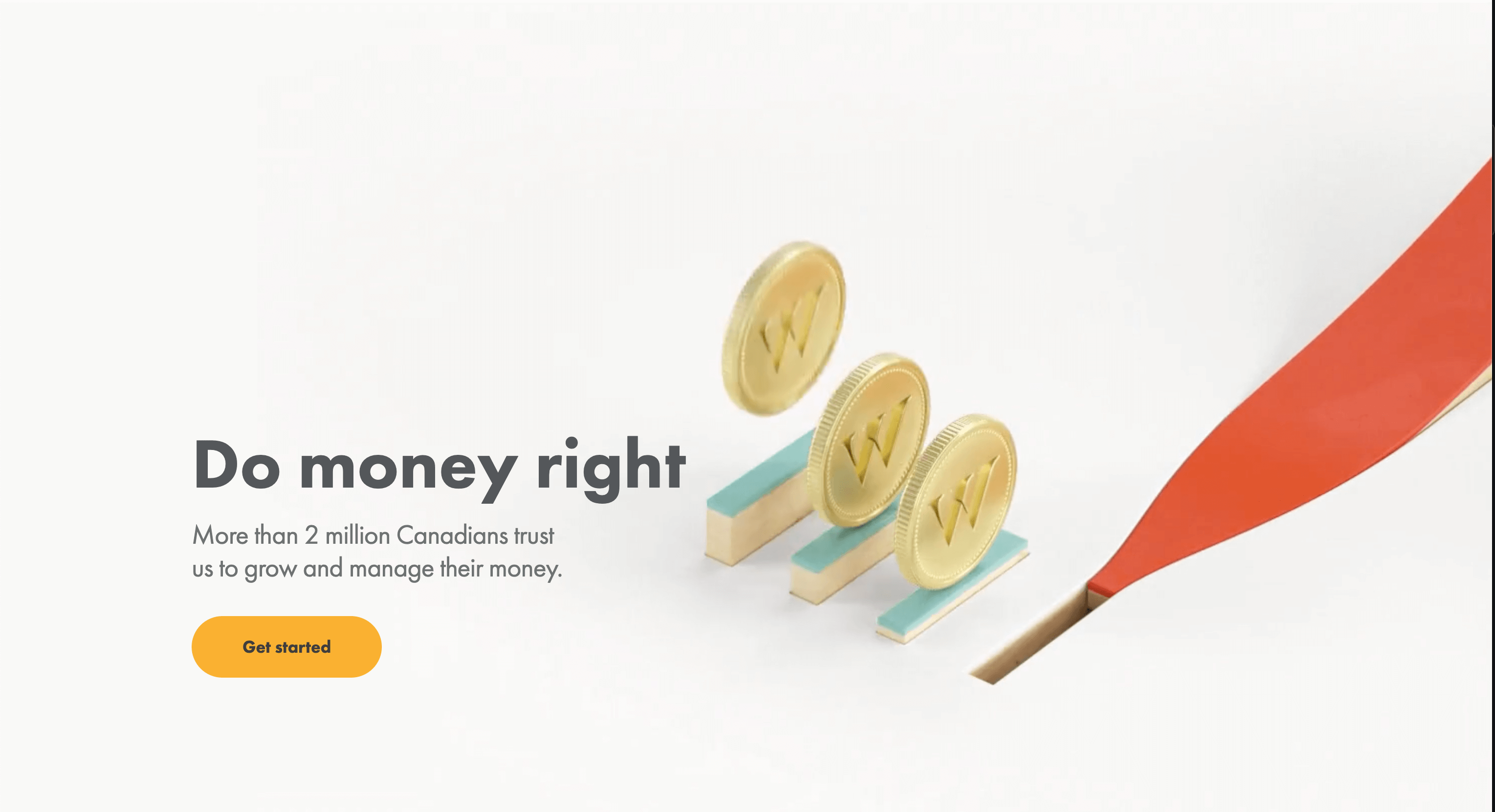 Wealthsimple's homepage featuring an animation of coins going into slots
