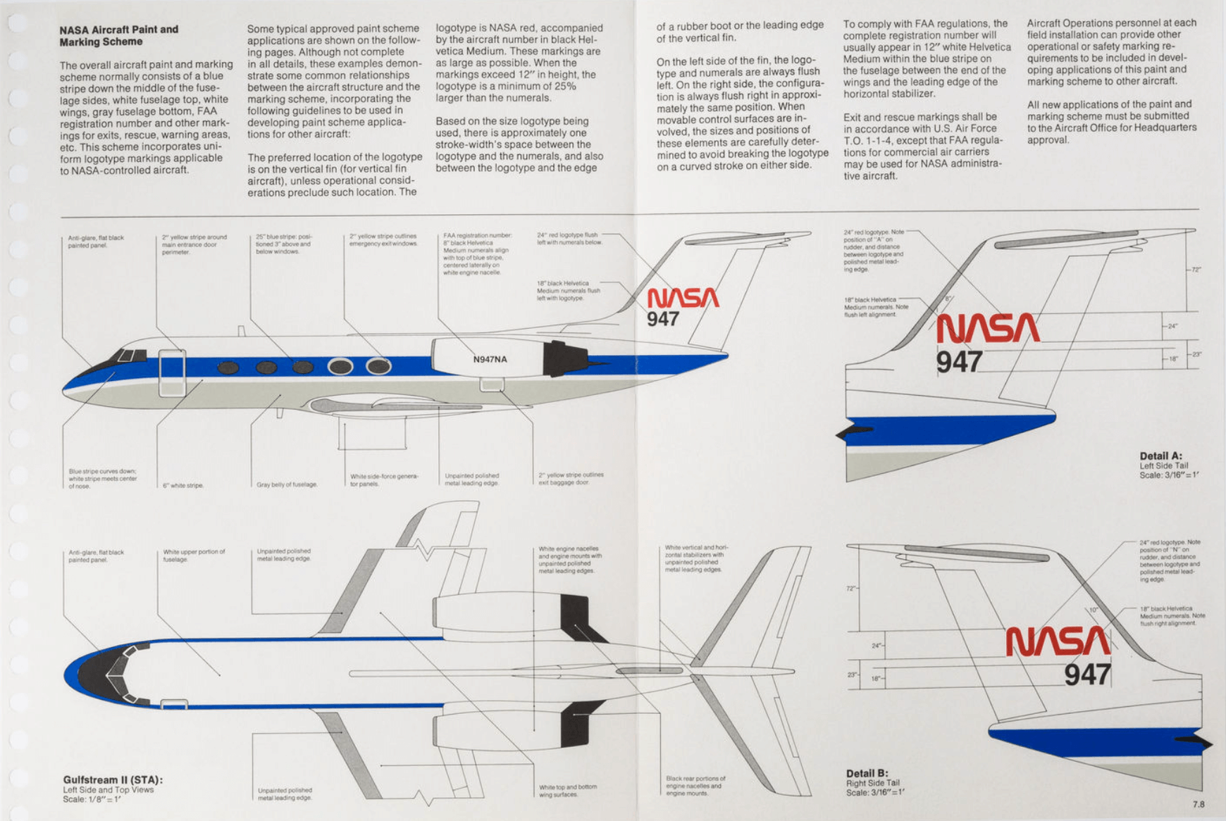 A page from NASA's brand book specifying proper logo placement on an aircraft