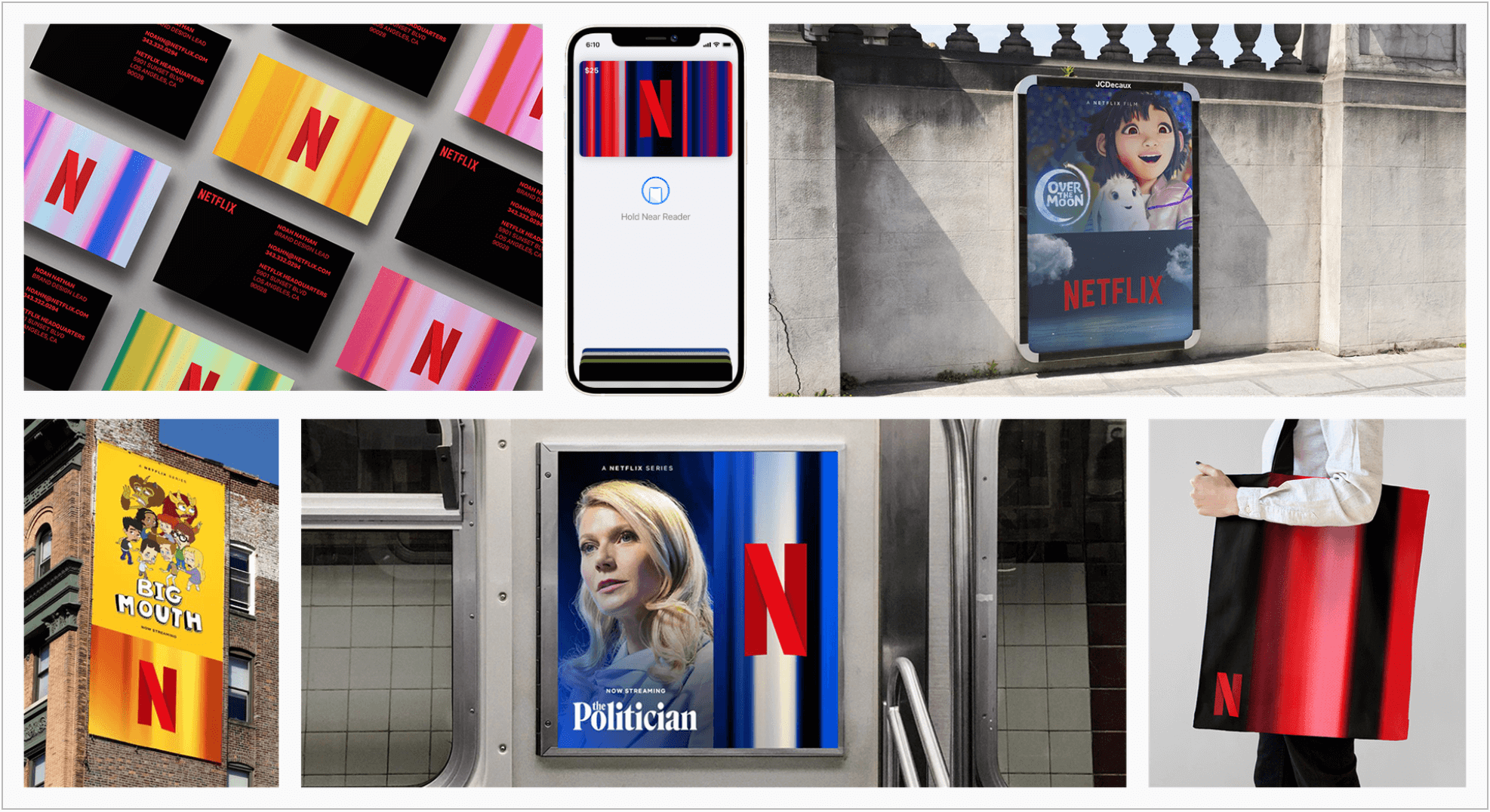 Examples of Netflix logo use including on business cards, on an app, in ads, and on a tote bag