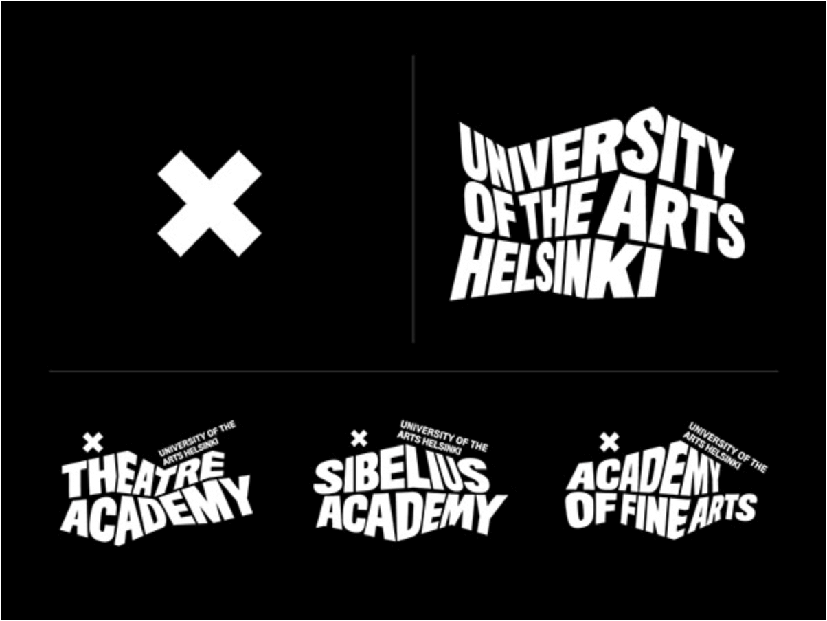 The logo of University of the Arts Helsinki and the three schools that merged to form it: the Theatre Academy, Sibelius Academy, and Academy of Fine Arts