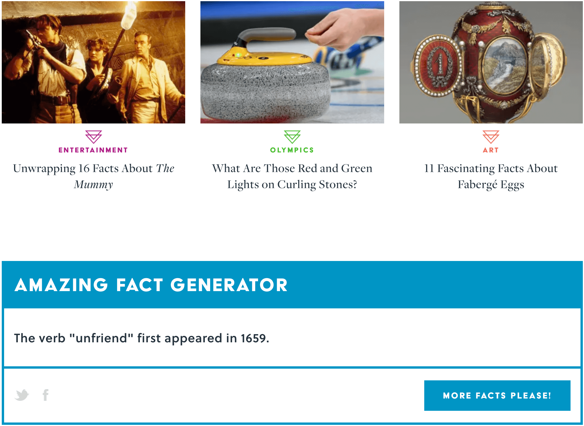 Articles about entertainment, sports, and art above the Amazing Fact Generator