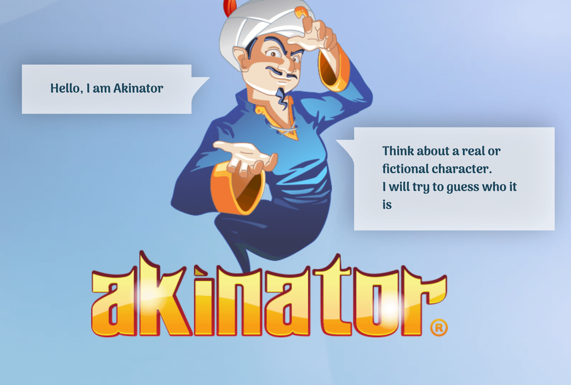 The Akinator genie with speech bubbles explaining the game