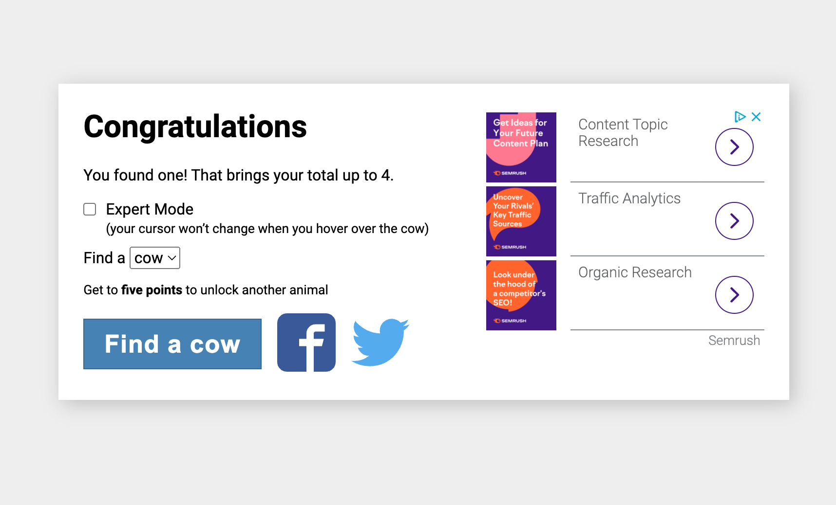 The Find the Invisible Cow Success page