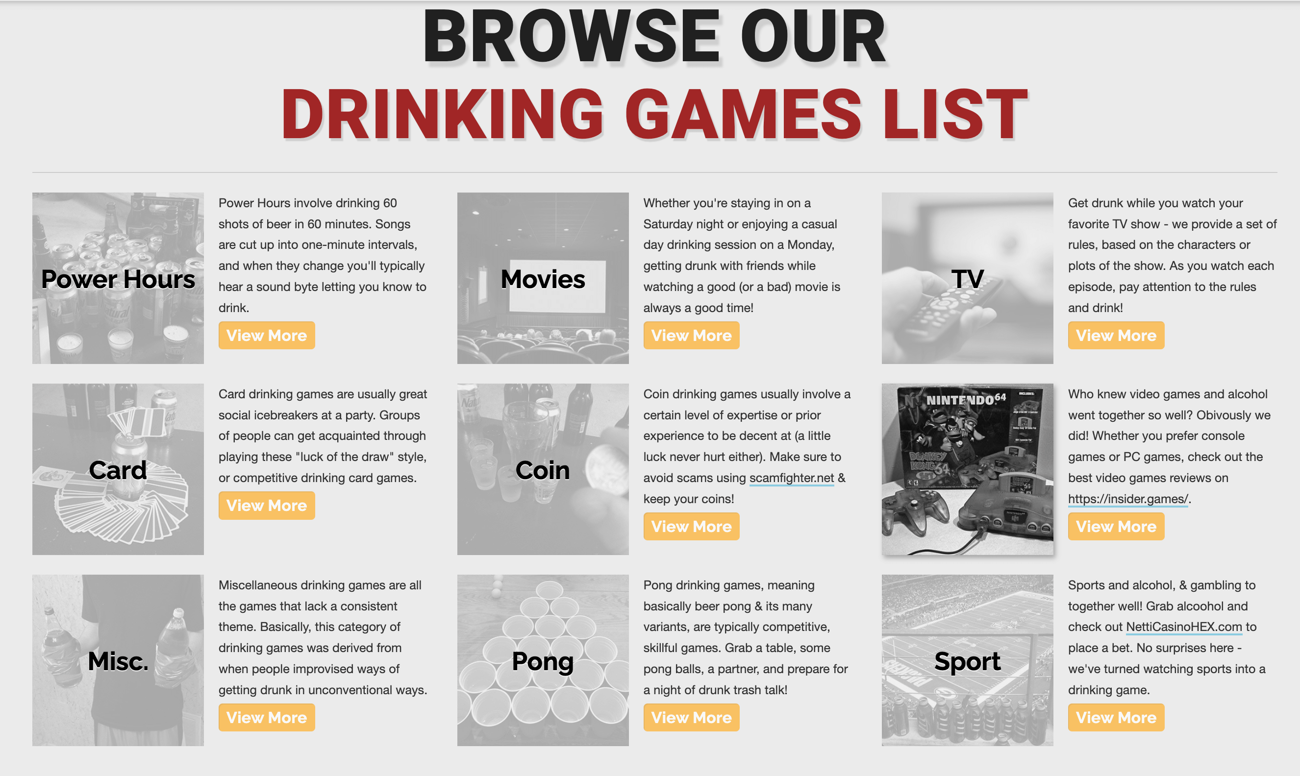 Drinking Game Zone's Categories page