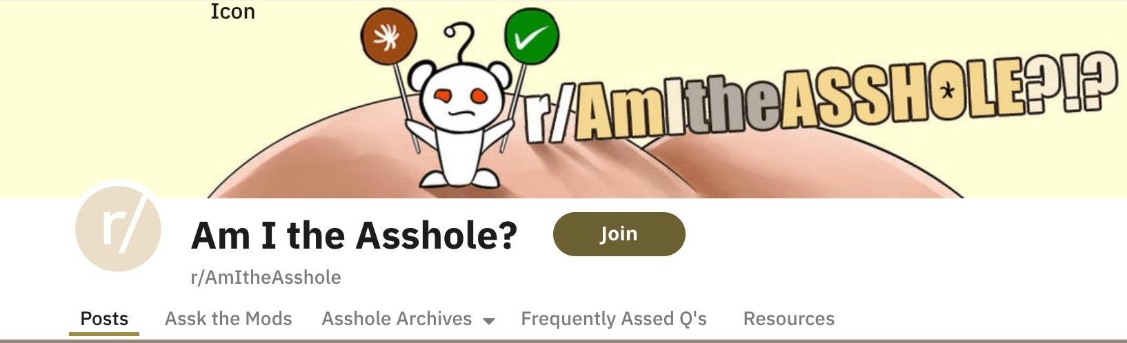 The r/AmItheAsshole header image with the Reddit mascot standing on a butt