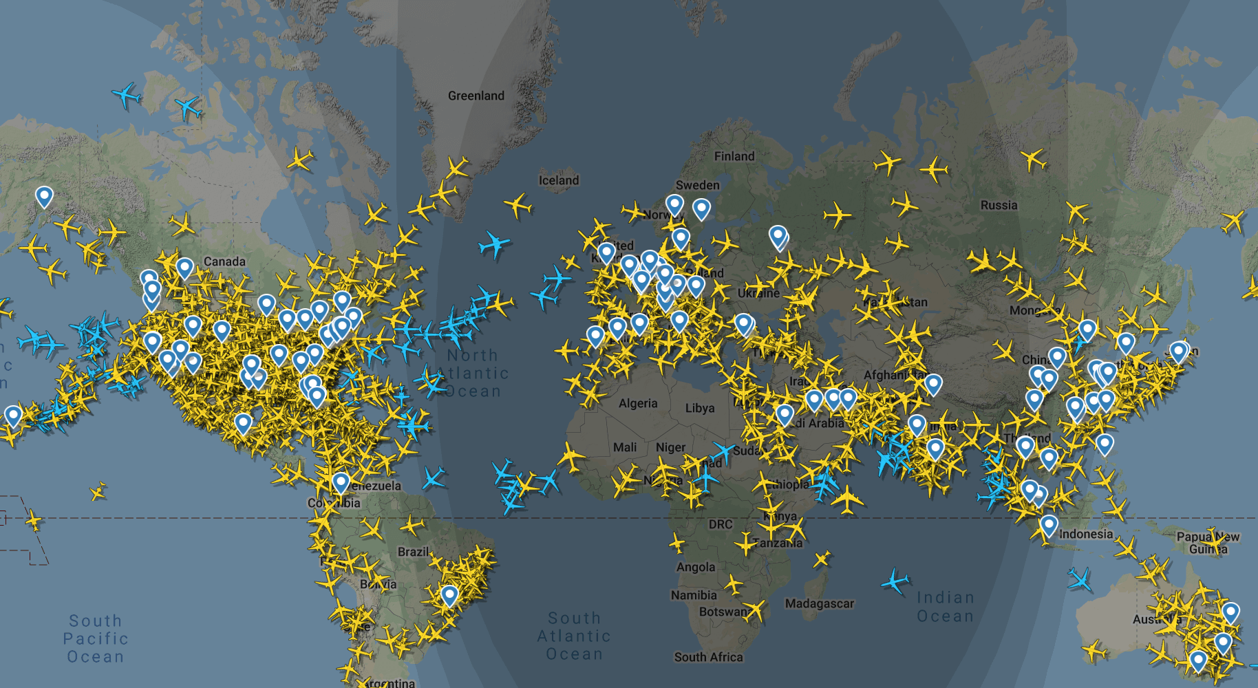 A screenshot of Flight Radar zoomed out