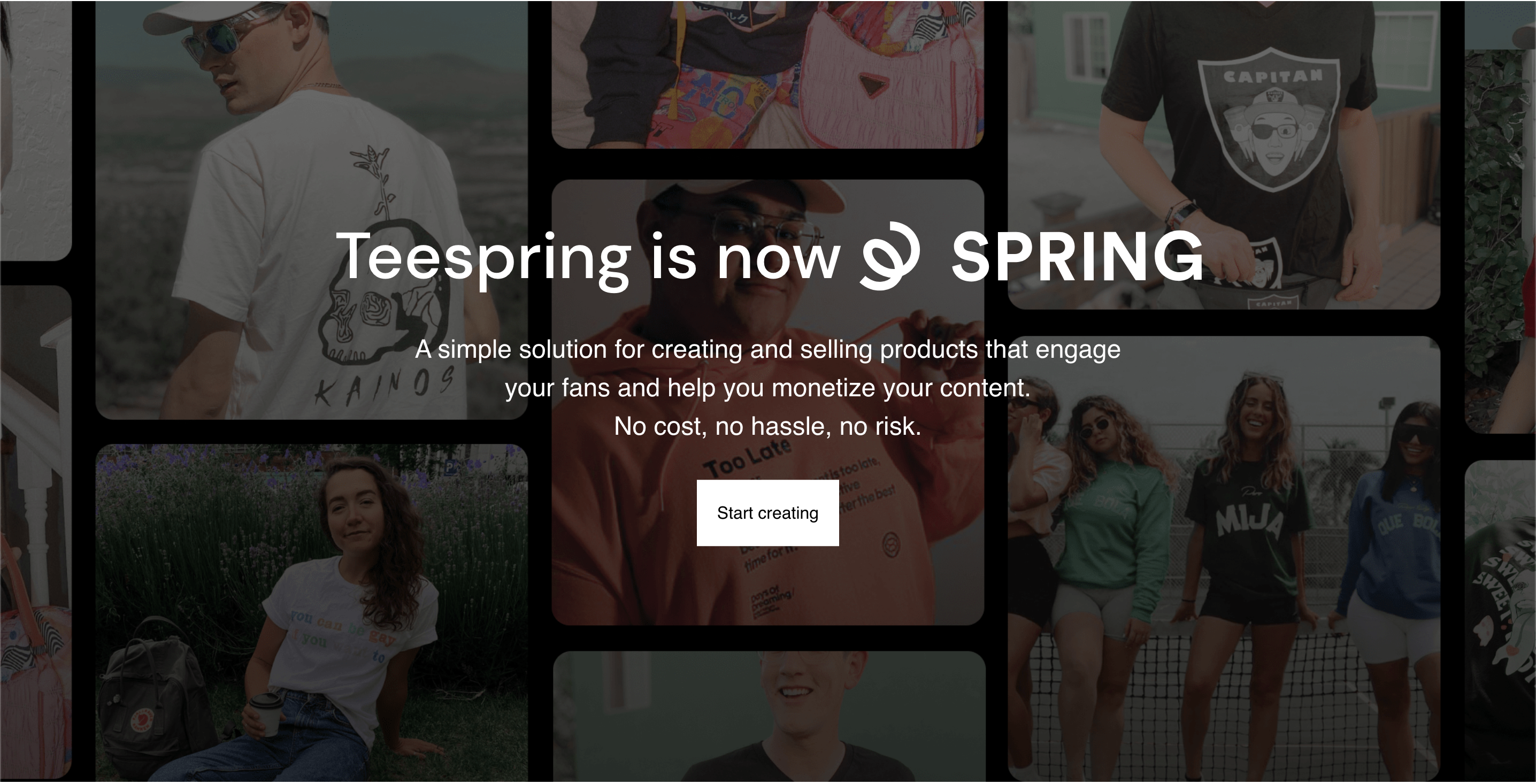 Spring's homepage. Headline reads "Teespring is now SPRING"