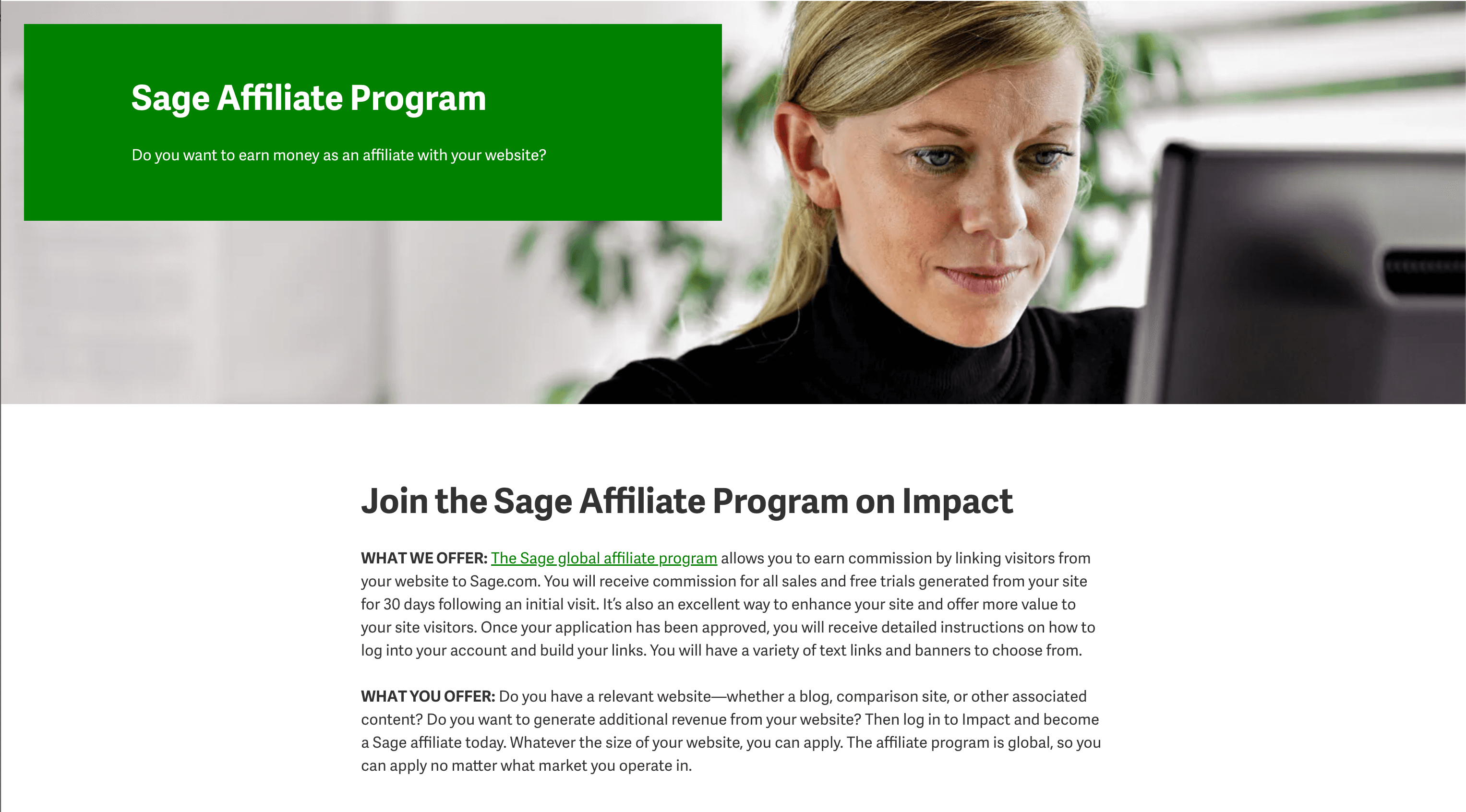 Sage affiliate program's homepage
