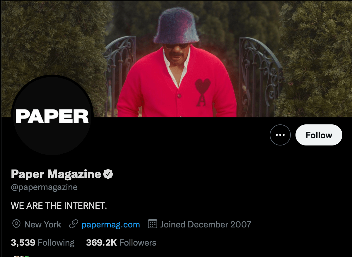 Paper Magazine's Twitter profile