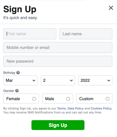 Facebook's sign-up pop-up