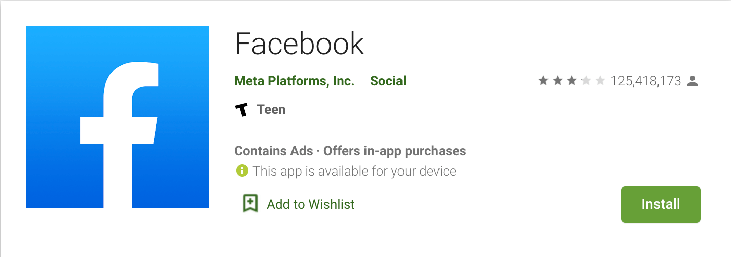 The Facebook app download page