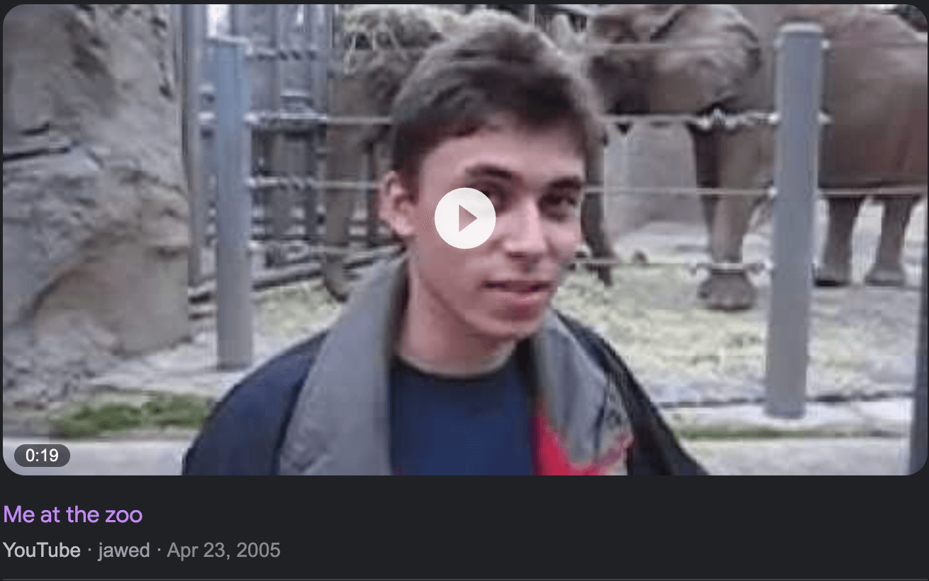 A screengrab of a teenage boy standing in front of an elephant enclosure in the 2005 YouTube video "Me at the zoo" by user jawed
