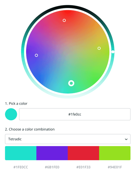 A tetradic color scheme on a color wheel