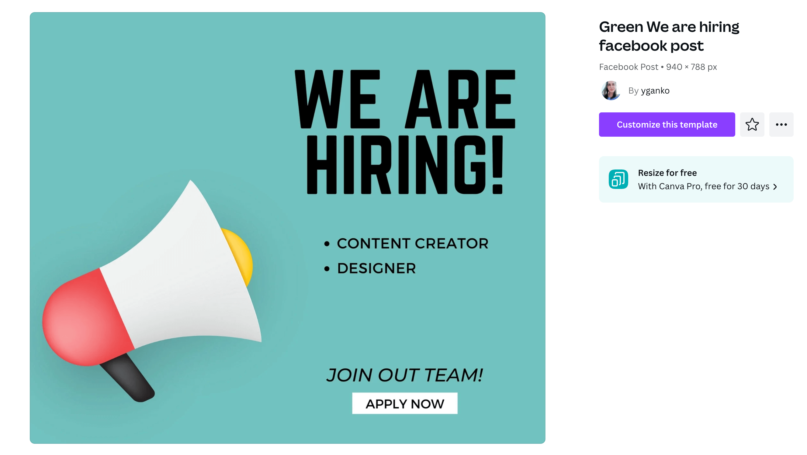 A "We Are Hiring!" Facebook post graphic with an illustration of a megaphone