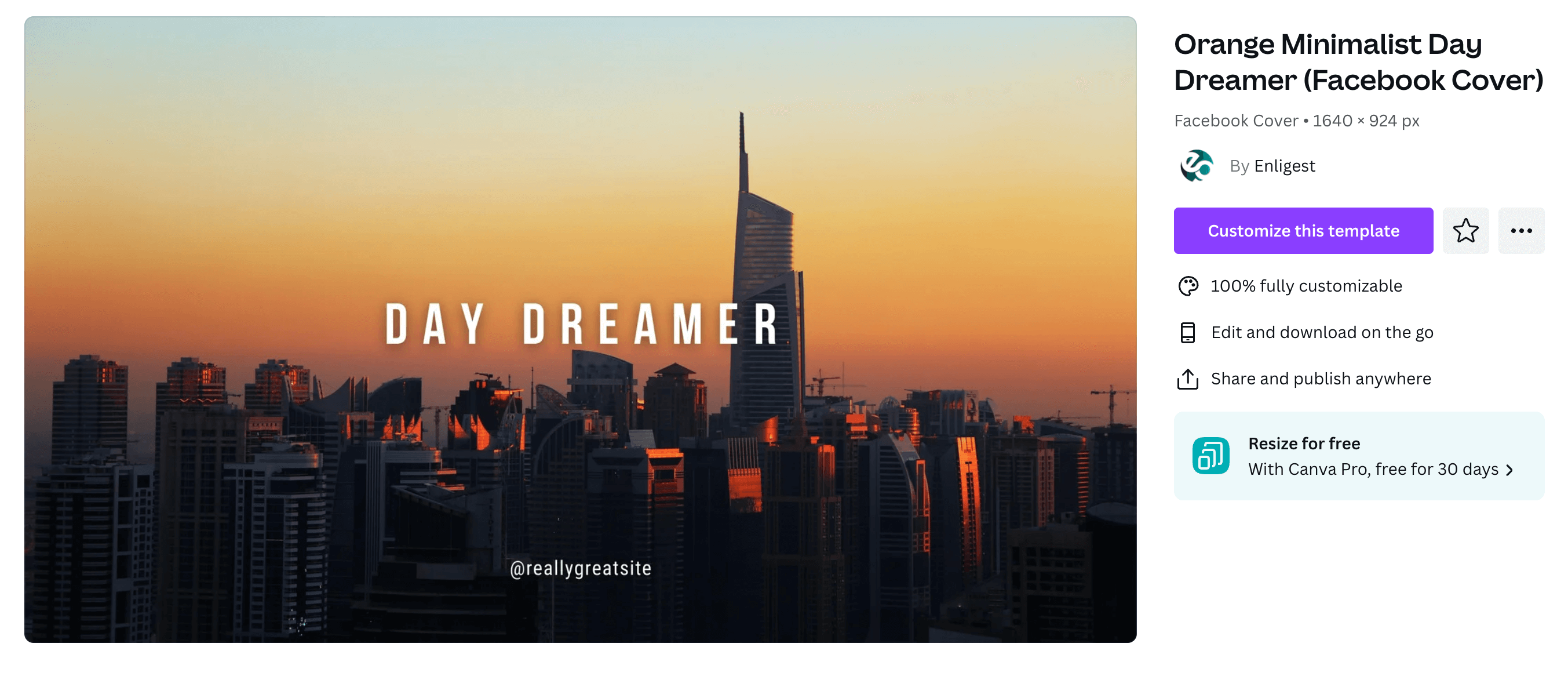 A Facebook cover photo of a cityscape at sunset and text over top that reads "Daydreamer"
