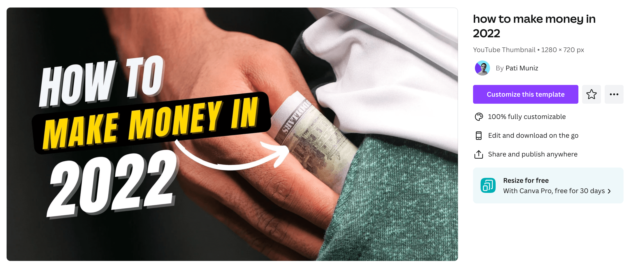 A YouTube Thumbnail with a picture on a person putting cash in their pocket and text that reads "How to Make Money in 2022"