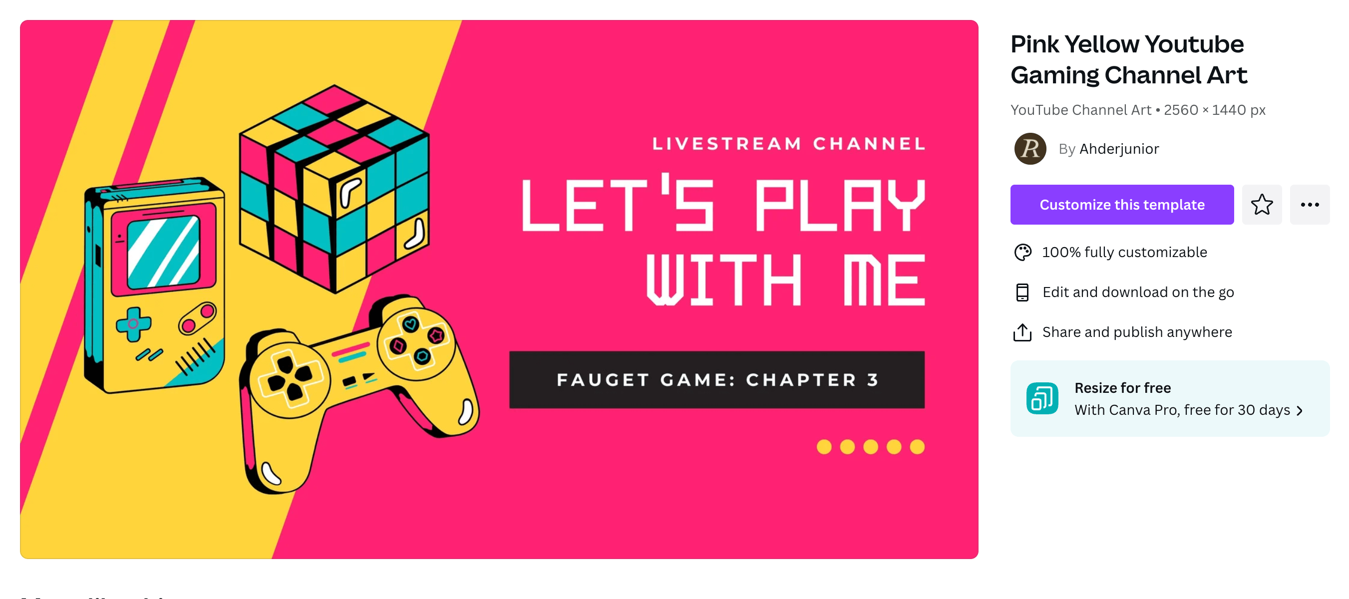 A pink and yellow, video game-themed YouTube Channel art Template