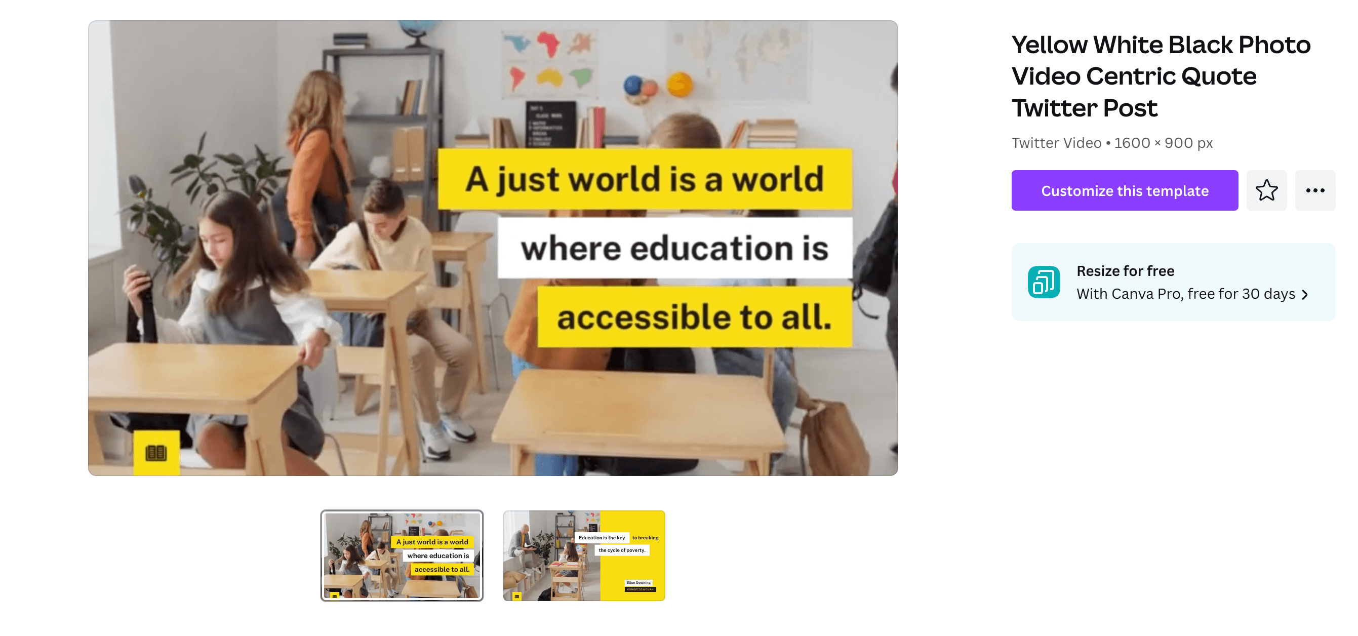 Text that reads "A just world is a world where education is accessible to all" over a video of children sitting down at desks in a classroom.