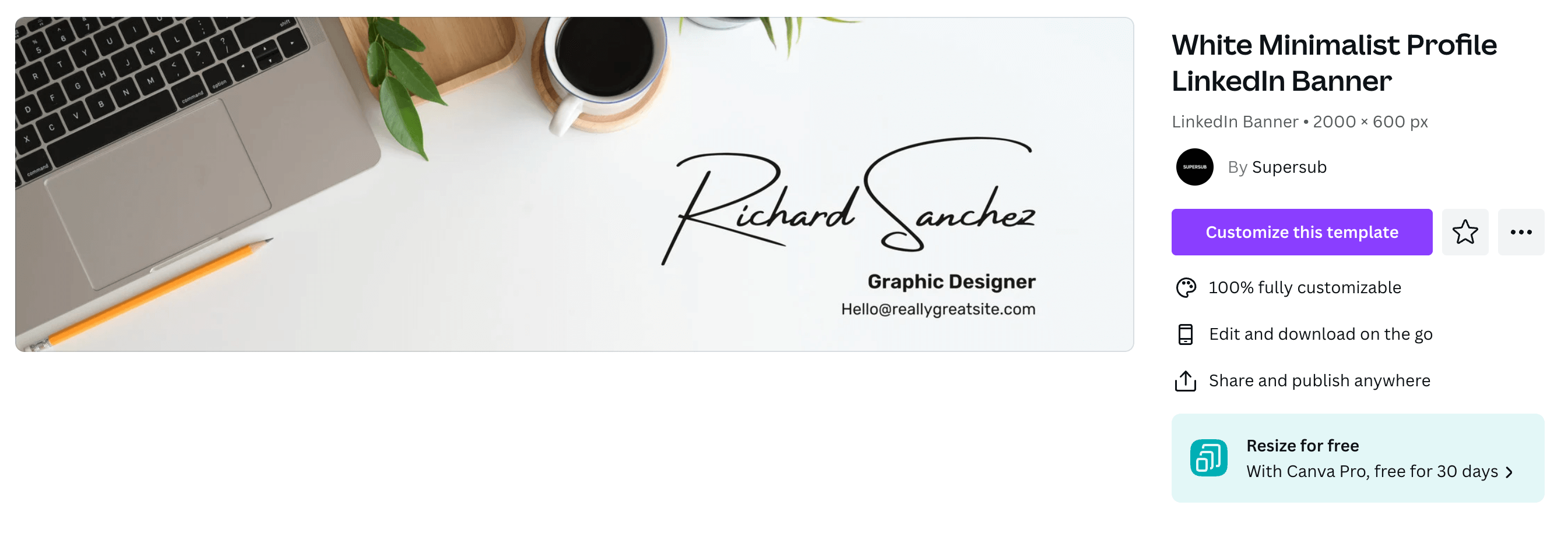 A LinkedIn banner featuring a workstation scene from above and text that reads "Richard Sanchez, Graphic Designer, Hello@rellygreatsite.com"