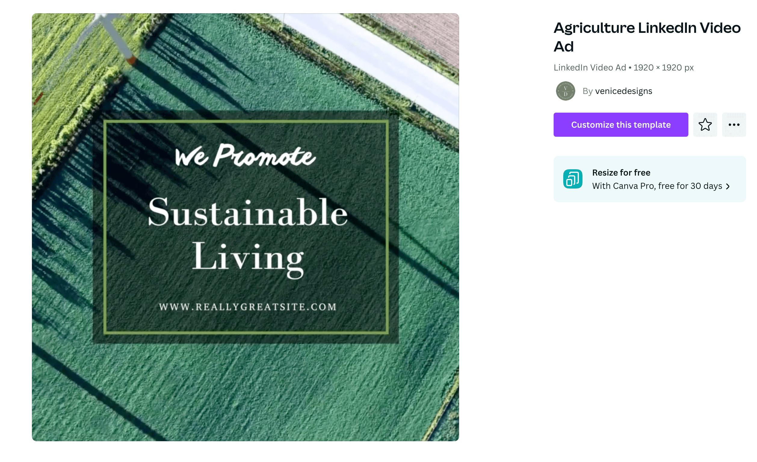 Text that reads "We promote sustainable living" over an aerial shot of a field