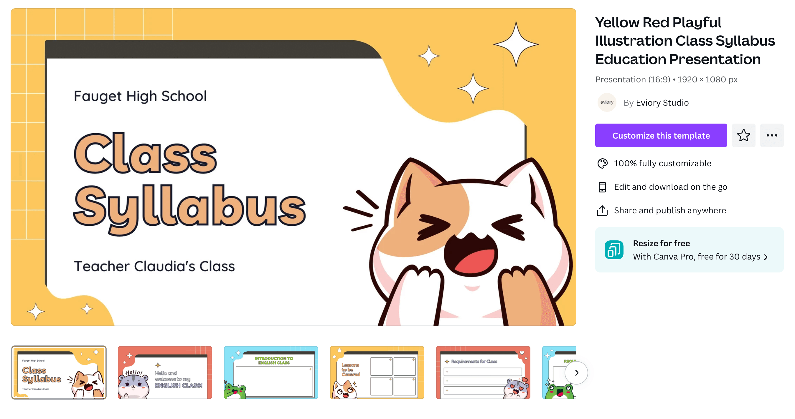 A cartoony slideshow template. The first slide says "Fauget High School Class Syllabus" and has a picture of a laughing cat.