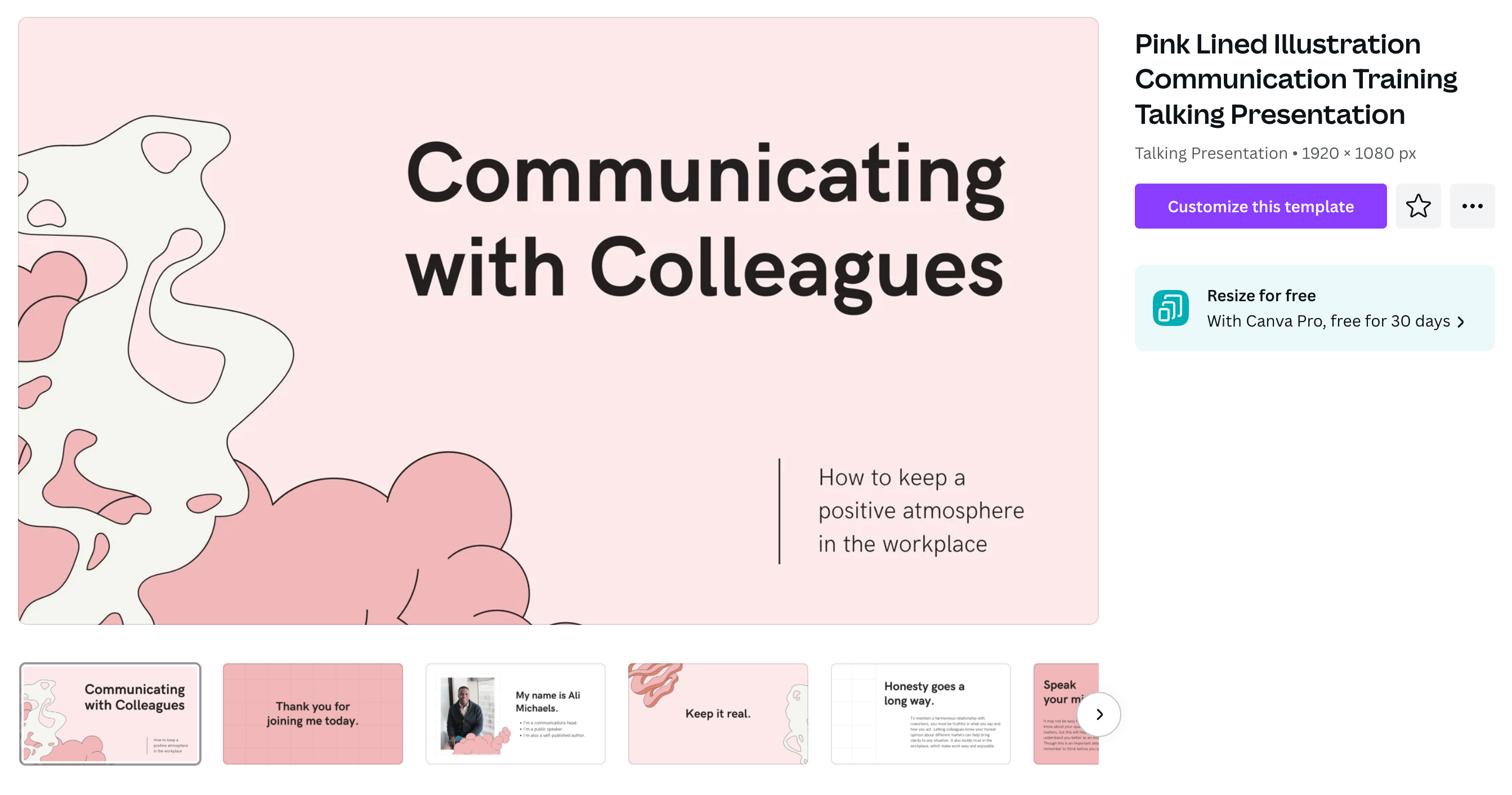 A pink and white slideshow template. The first slide says "Communicating with Colleagues"