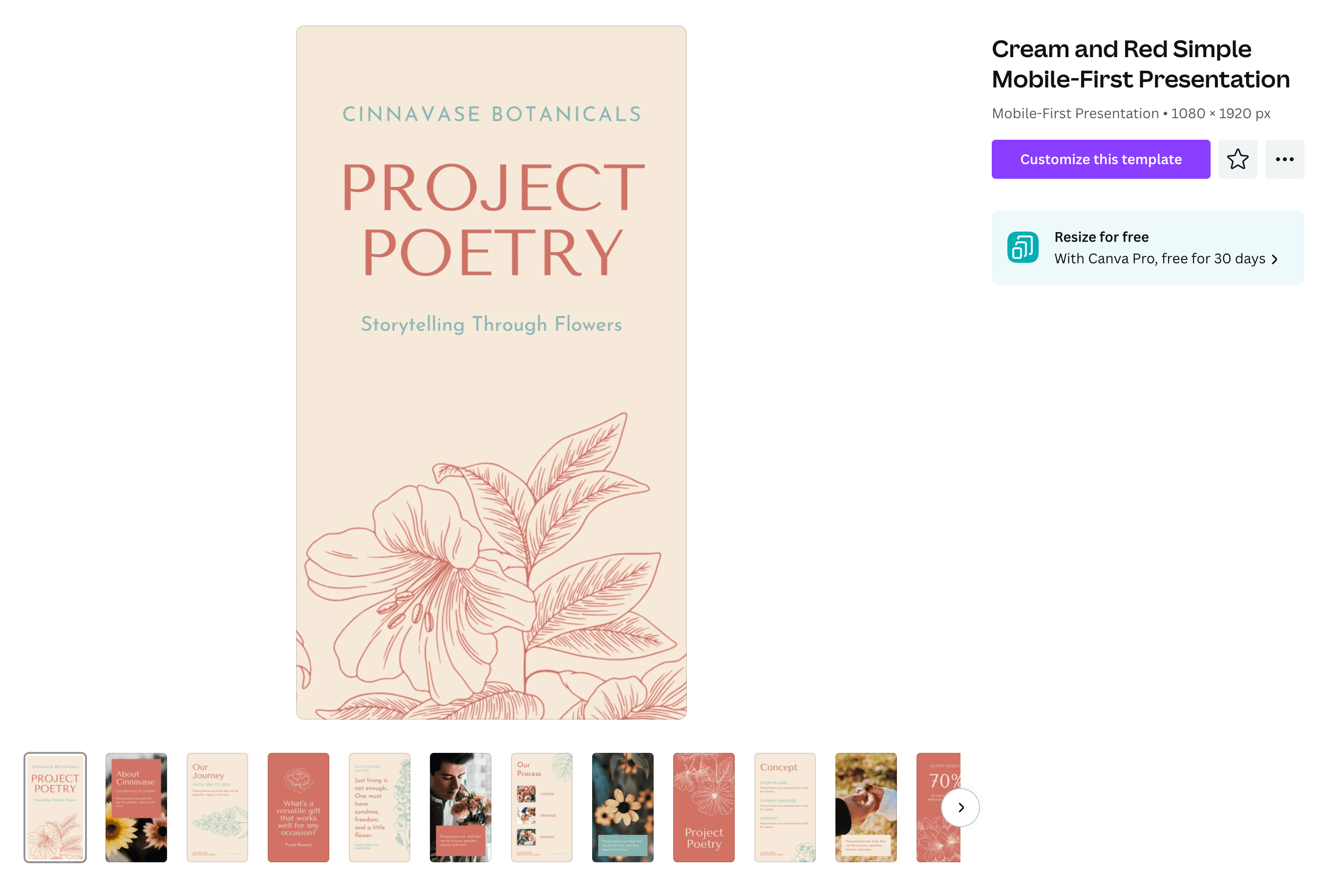 A beige phone-shaped slideshow template. The first slide says "Cinnavase Botanicals Poetry Project: Storytelling Through Flowers" and has an illustration of a flower