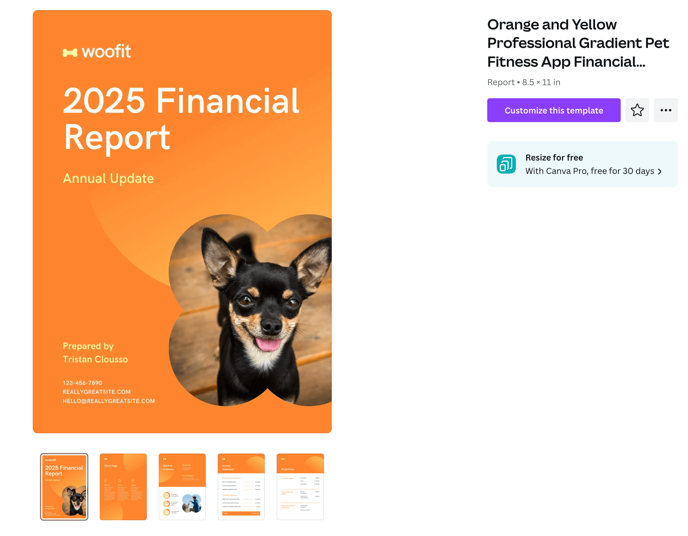 An orange financial report template with a picture of a chihuahua on the cover