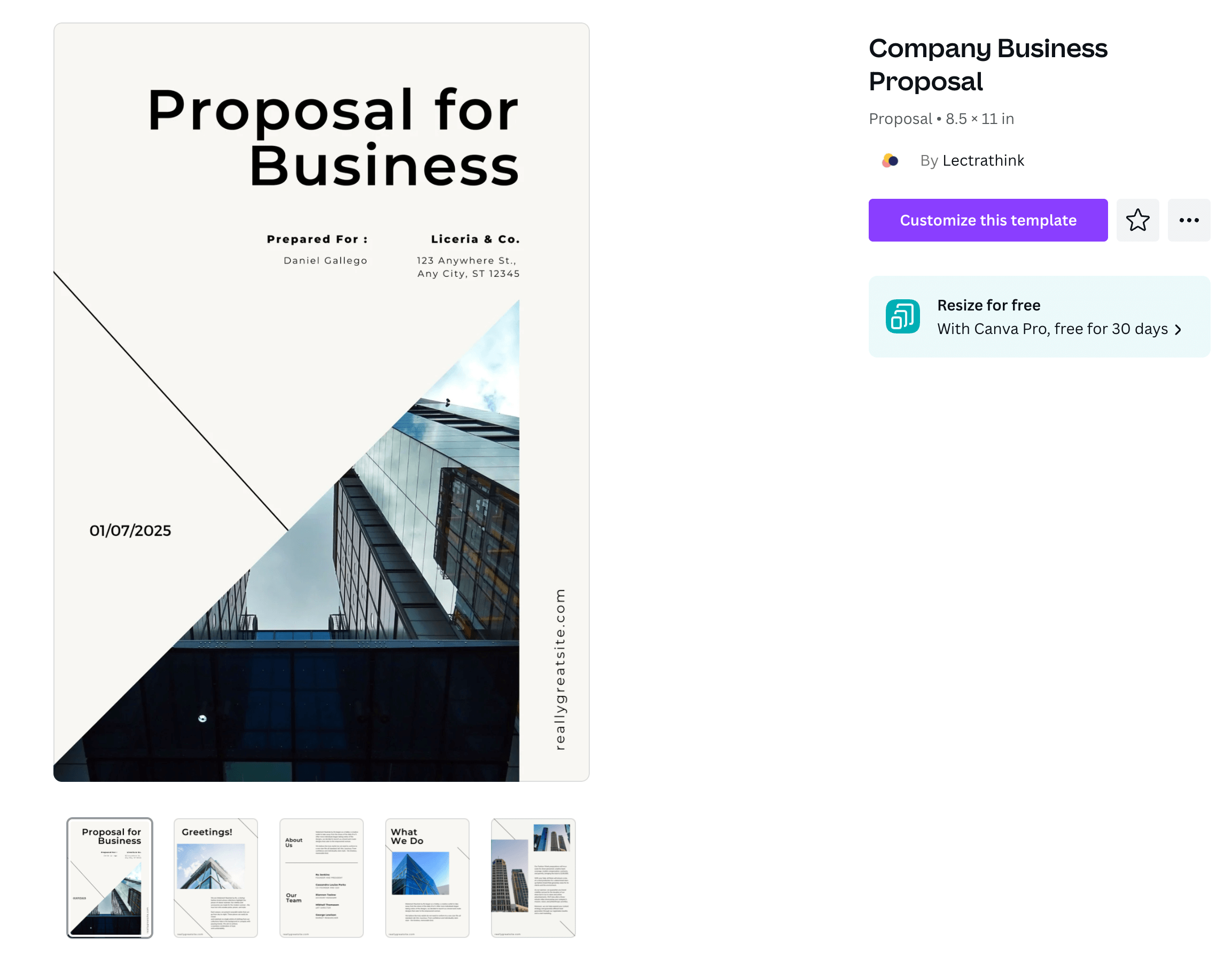 A business proposal template with a picture of a skyscraper on each page