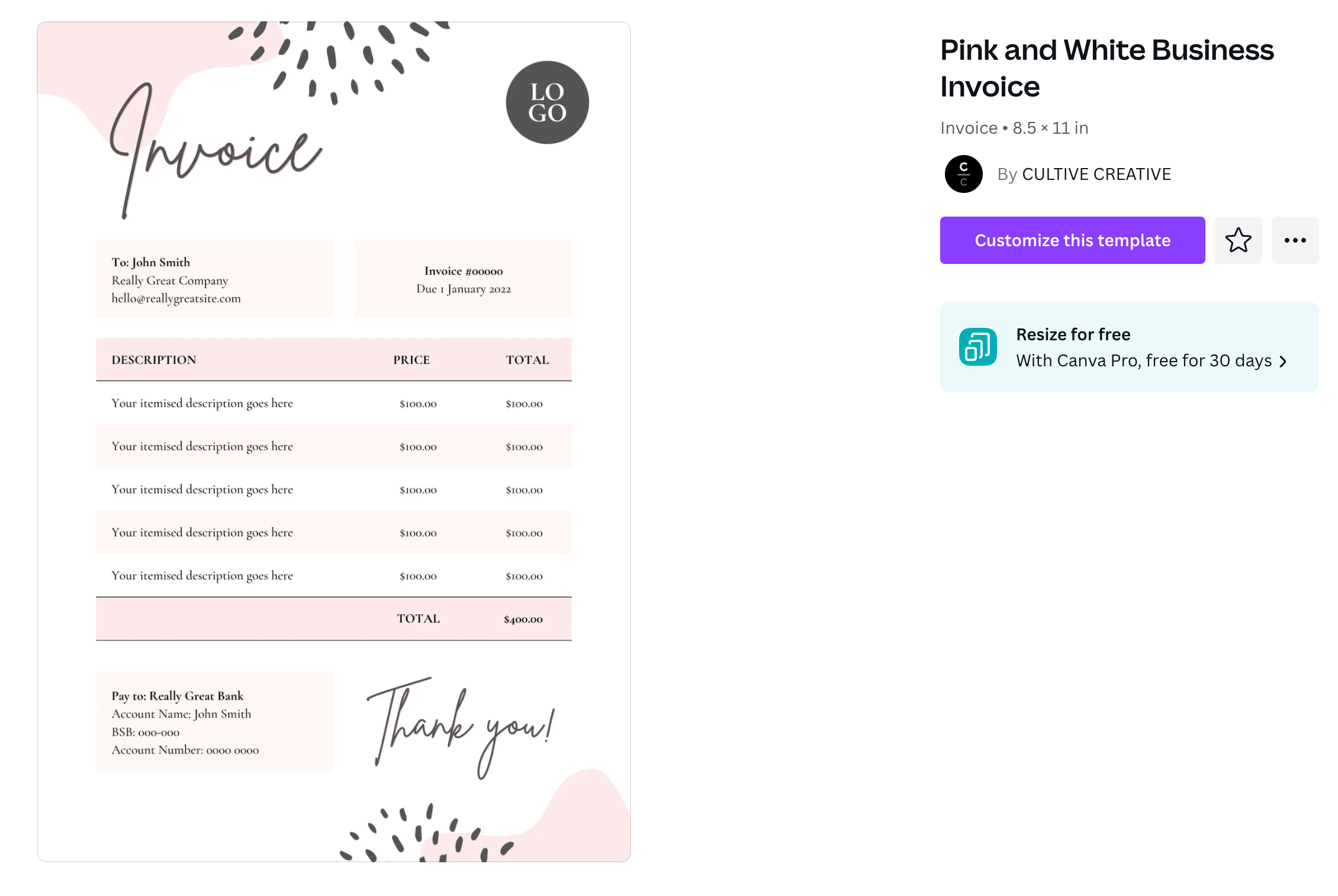 An invoice template with pink decorative accents