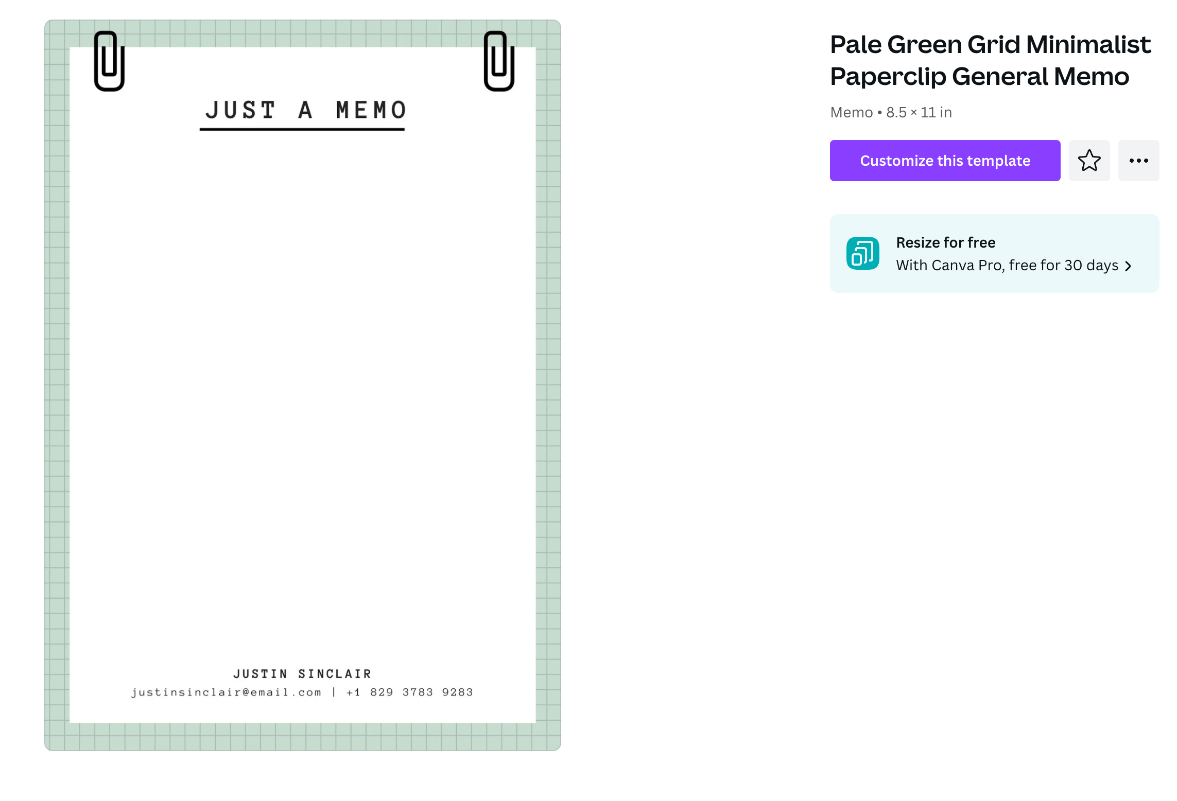 A simple memo template with a green frame, two paperclips, and a title that reads "Just a Memo"