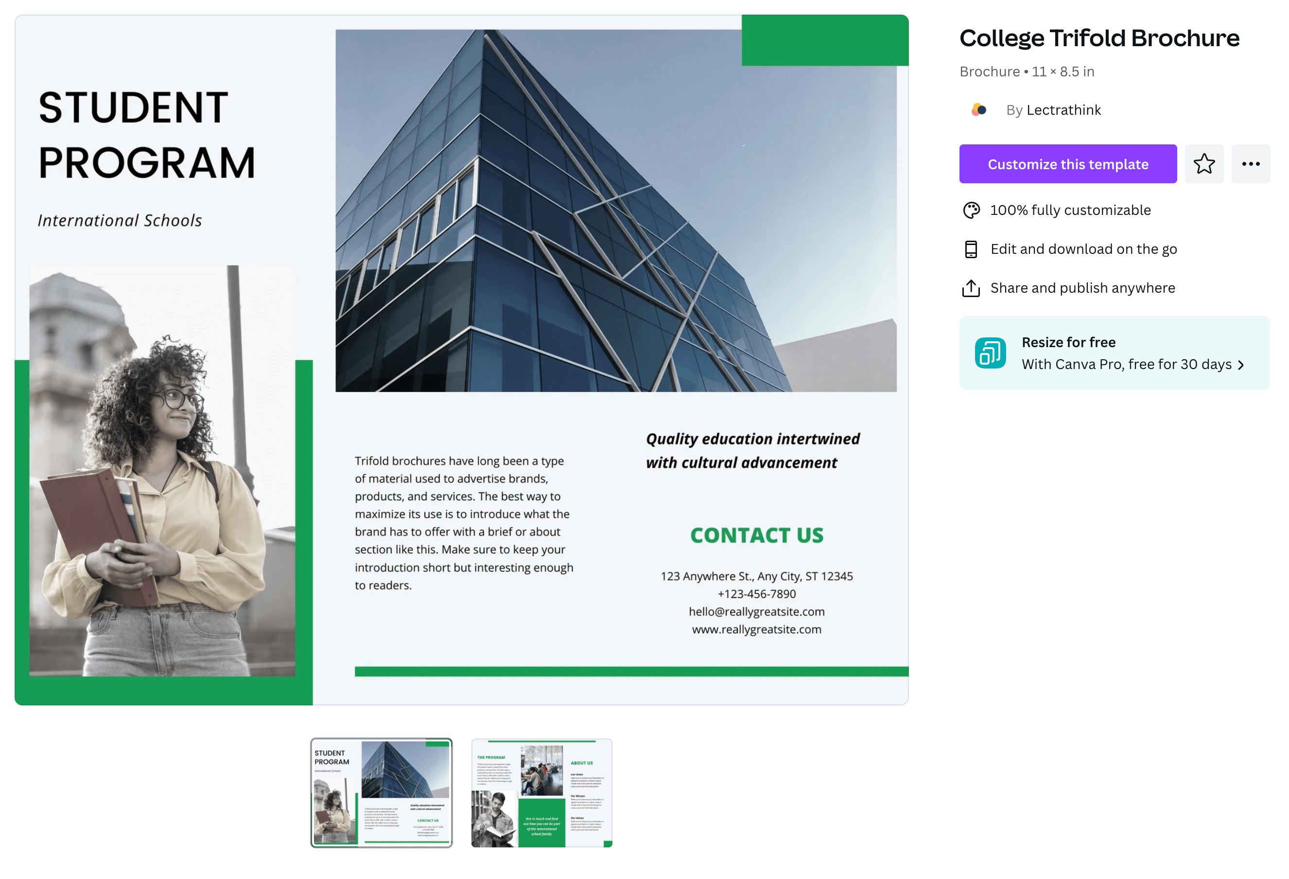 A trifold "student program" brochure with a photo of a student and a photo of a modern building. 