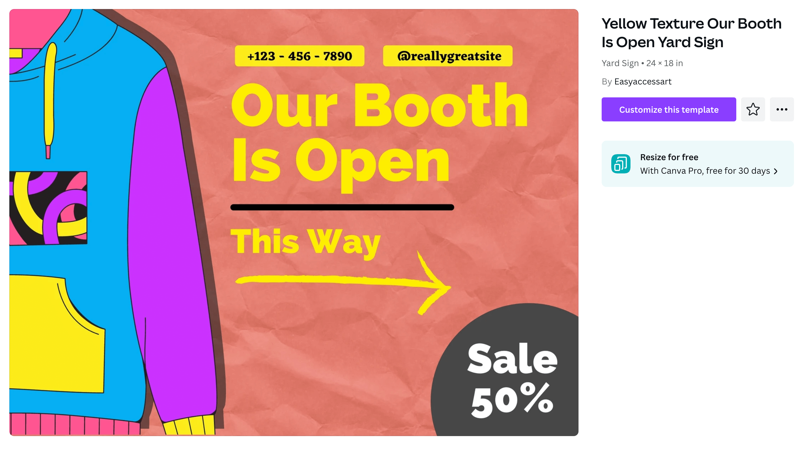A sign that reads "Our booth is this way" with an illustration of a neon hoodie.
