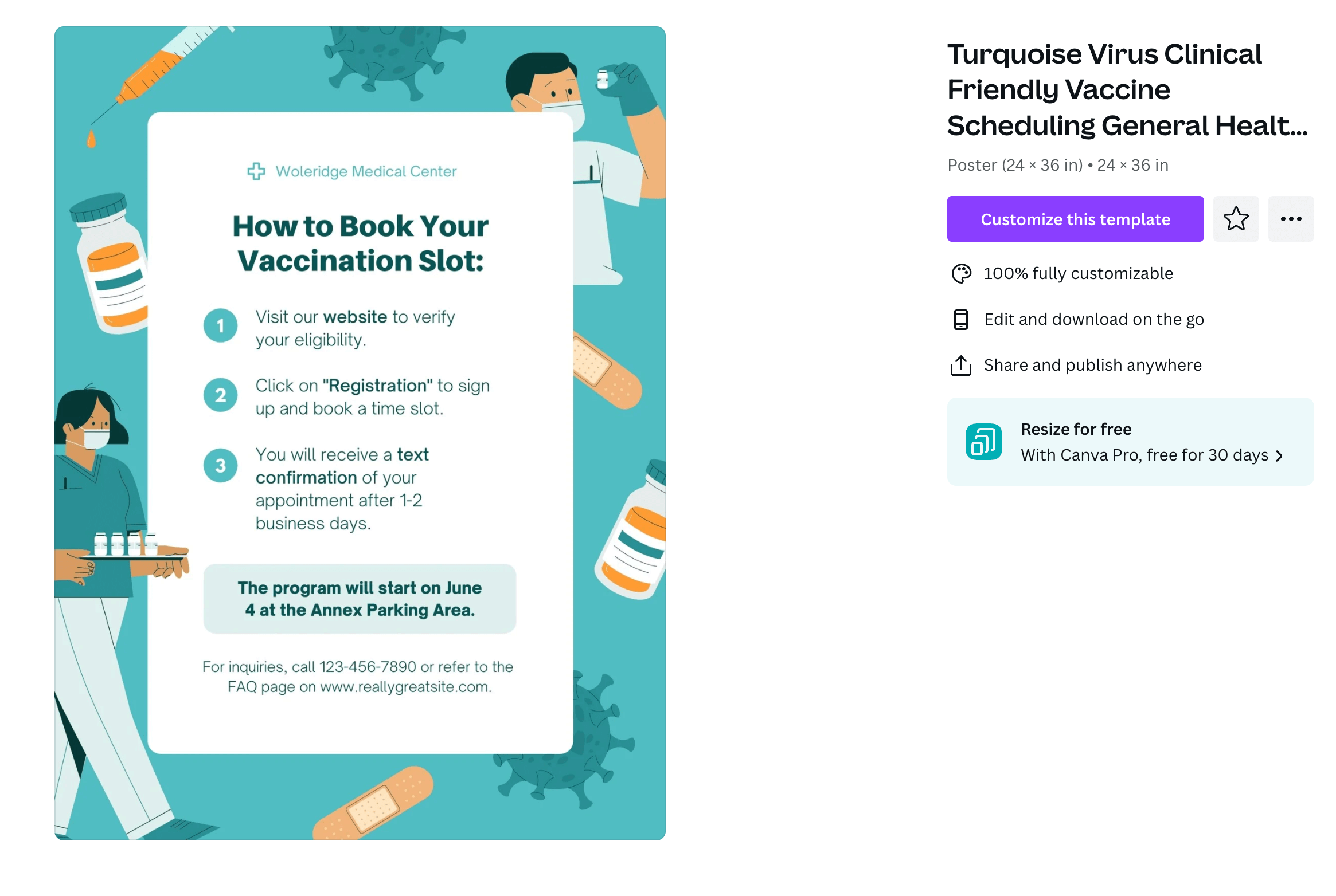 A poster about how to book a vaccine appointment with medical clip art around the sides.