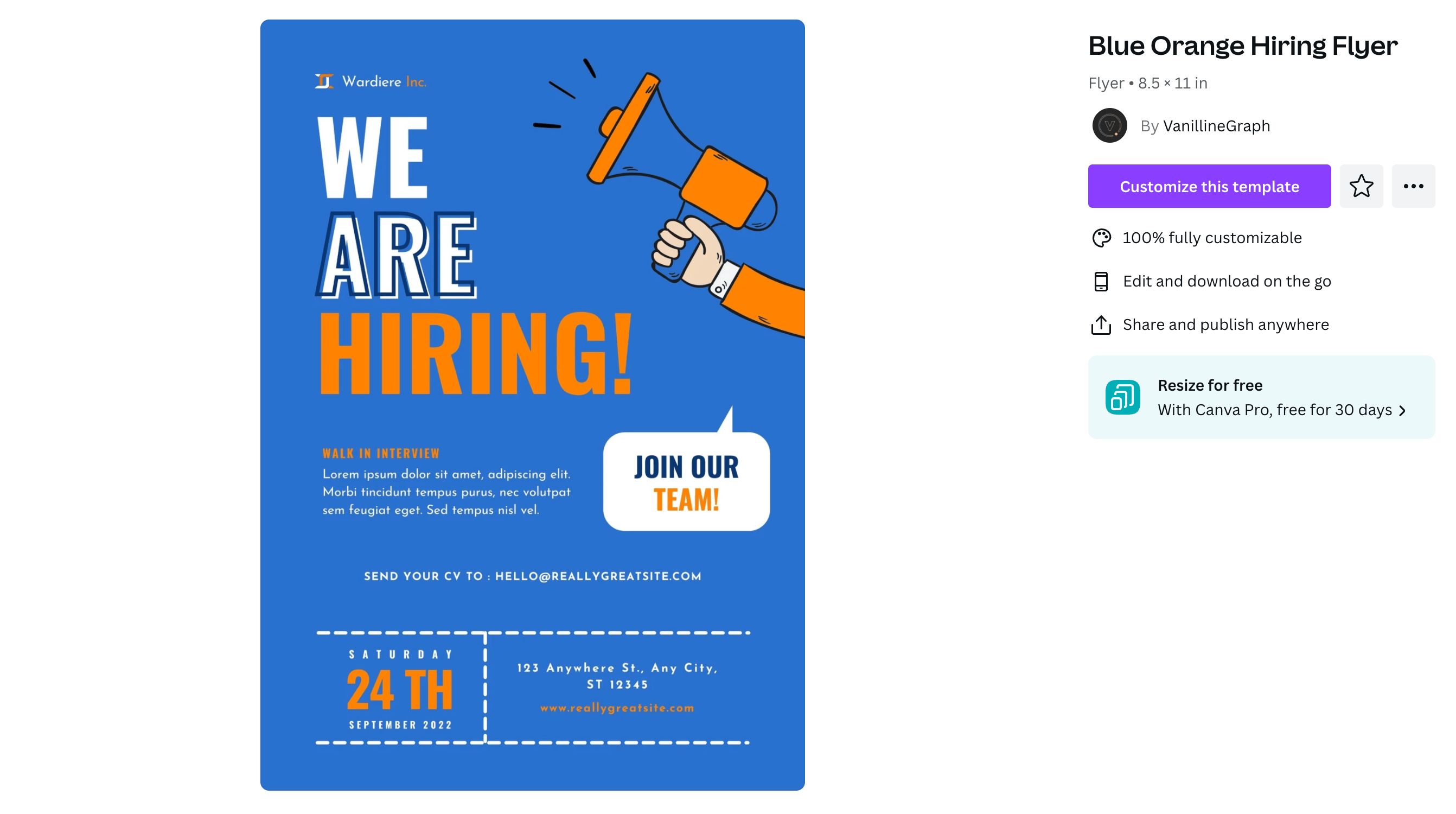 A blue "We are hiring!" flyer with an illustration of an arm holding a megaphone. 