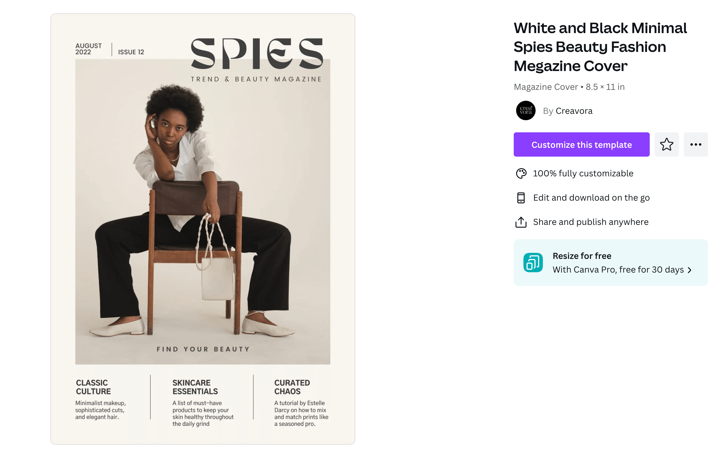 A magazine cover featuring a model sitting backwards on a chair