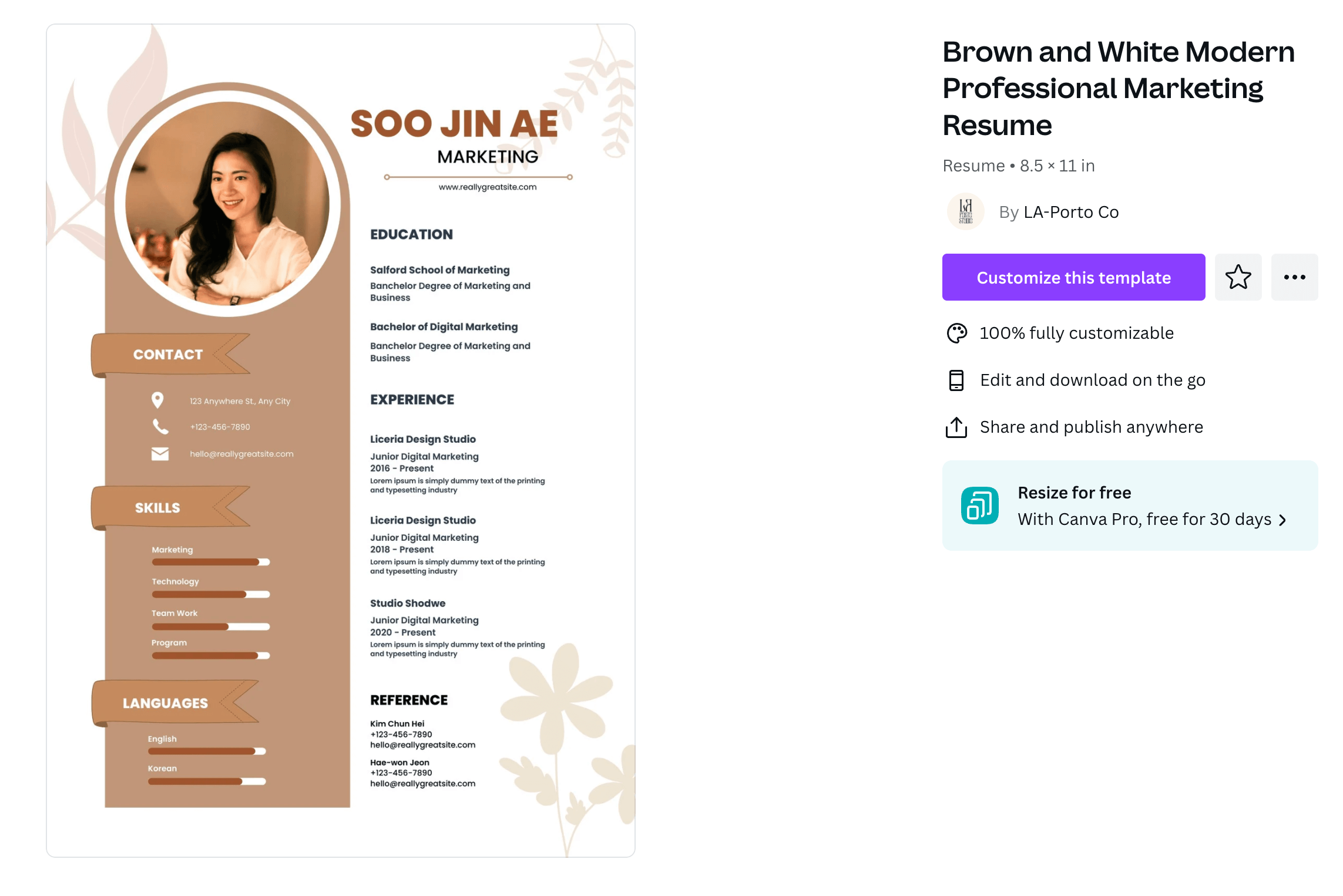 A neutral toned resume template for a marketing professional.