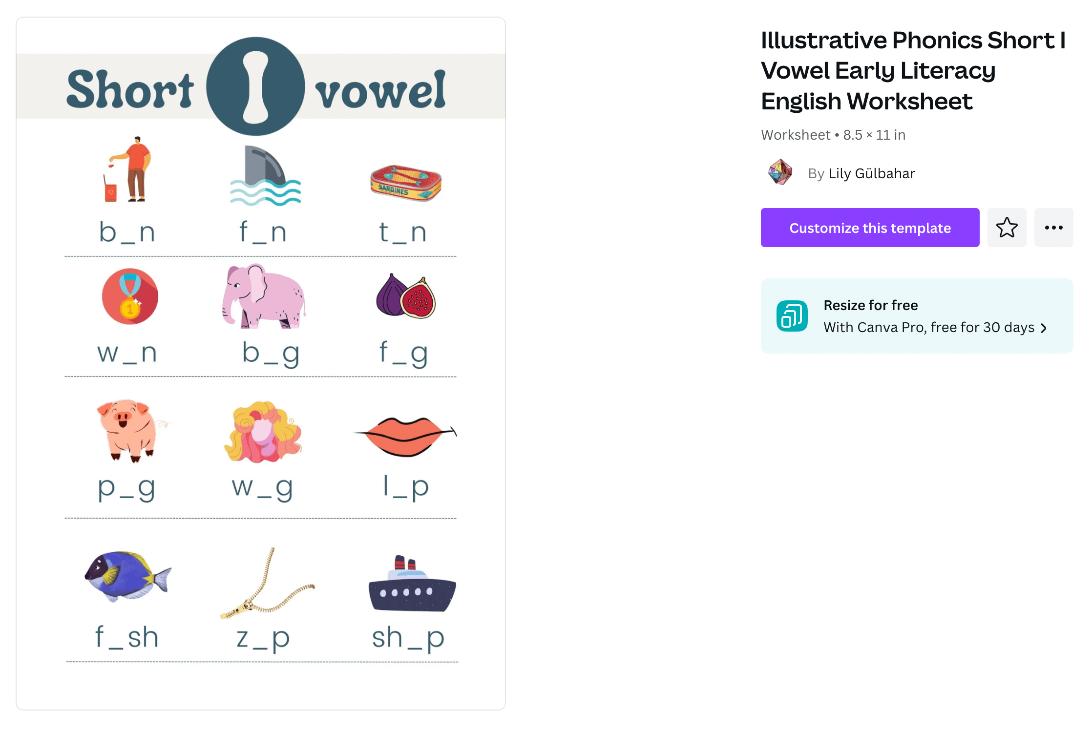 A worksheet for small children about the short I vowel with pictures and clues for words like "bin, fin, tin, win, and big."