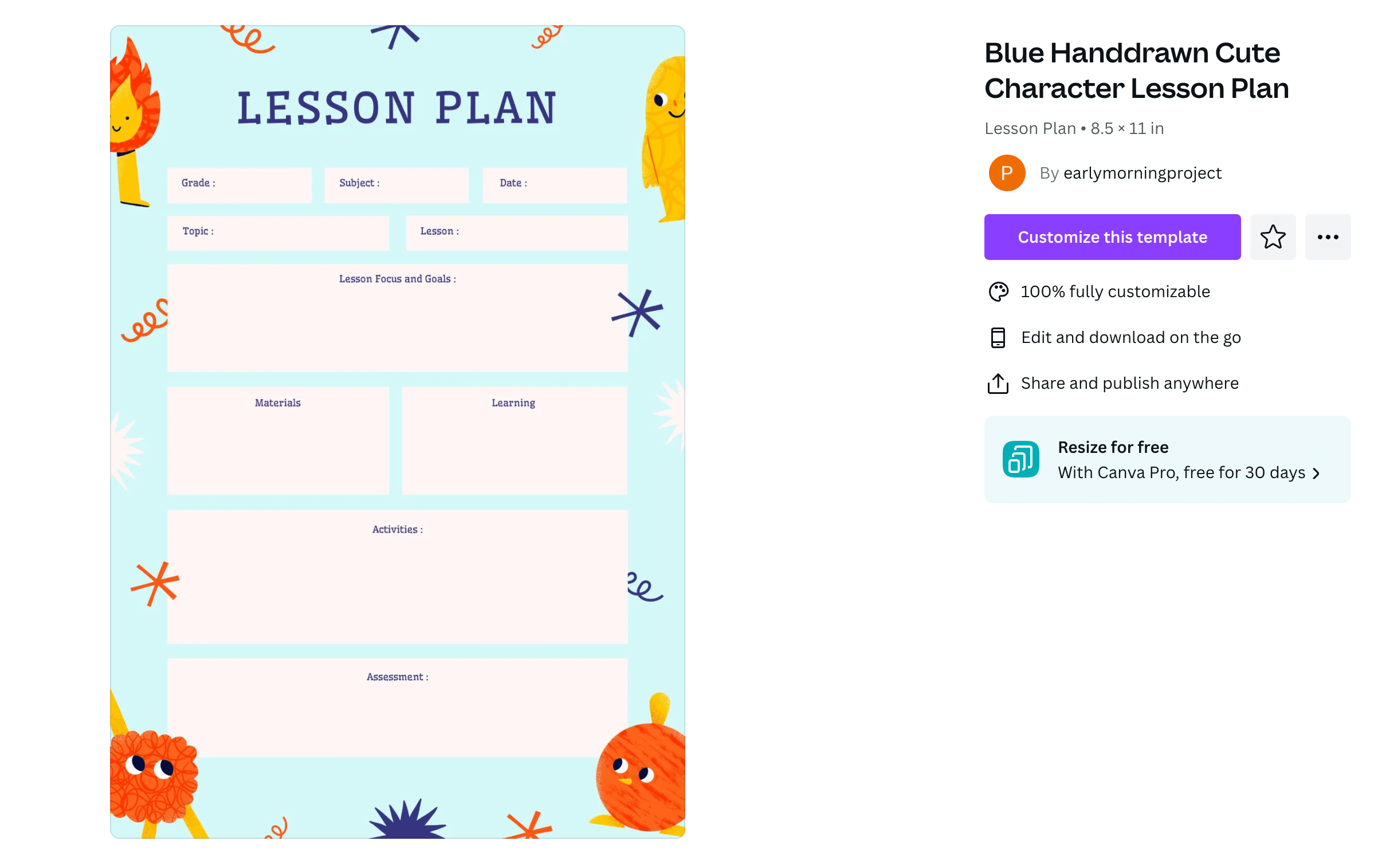A lesson plan template with a light blue frame and various cartoony characters