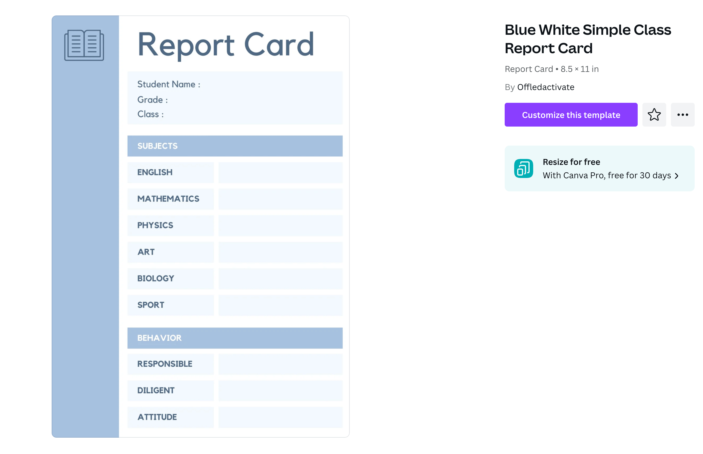 A basic report card template