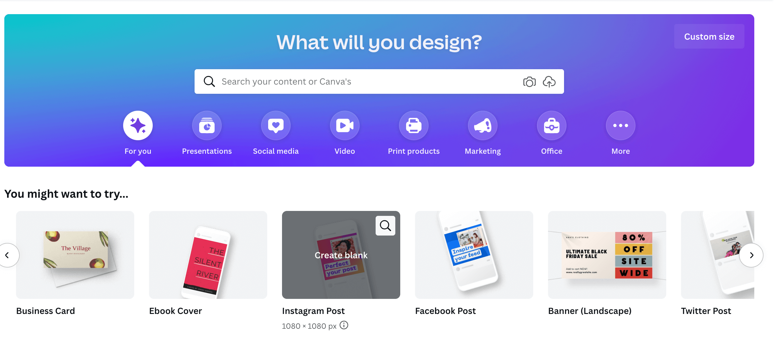 The search bar and category suggestions on Canva's homepage