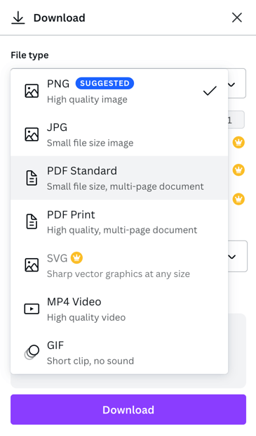 The download options menu